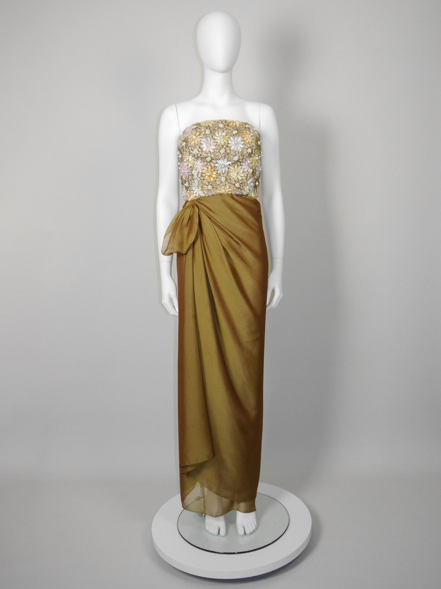 NINA RICCI 1990s Vintage Heavily Beaded Copper Gold Strapless Evening Gown w/ Stole