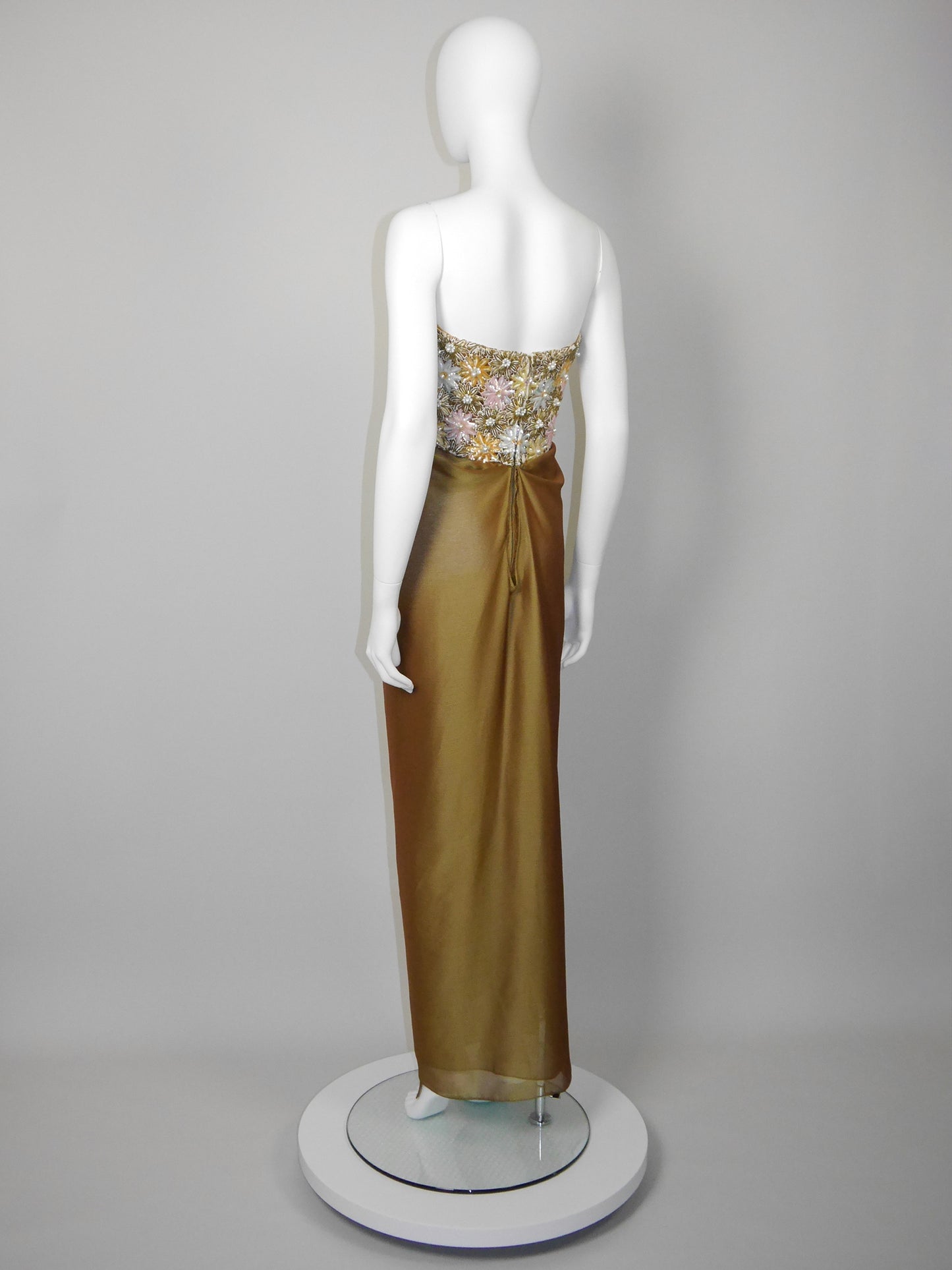 NINA RICCI 1990s Vintage Heavily Beaded Copper Gold Strapless Evening Gown w/ Stole