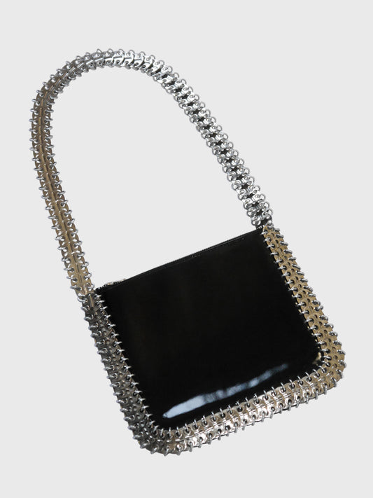 PACO RABANNE 1960s Vintage Metal Disc & Patent Leather Bag