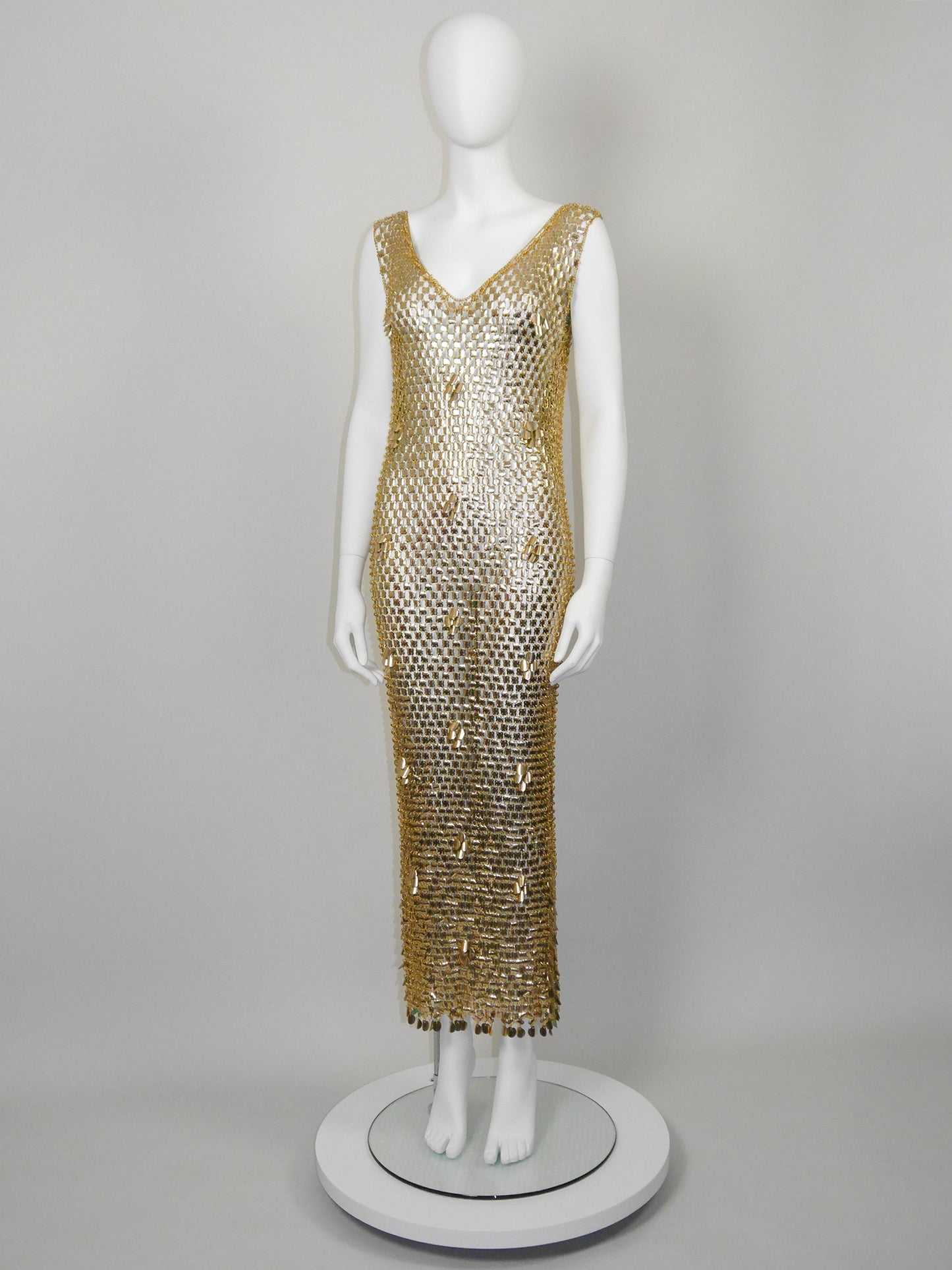 PACO RABANNE 1970s Vintage Gold-Tone Chain Mail Maxi Dress Size S