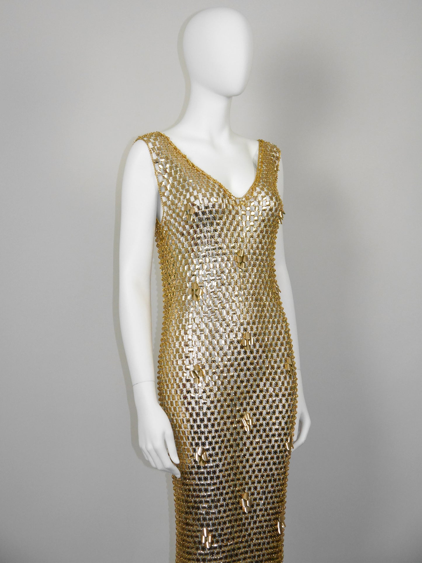 PACO RABANNE 1970s Vintage Gold-Tone Chain Mail Maxi Dress Size S