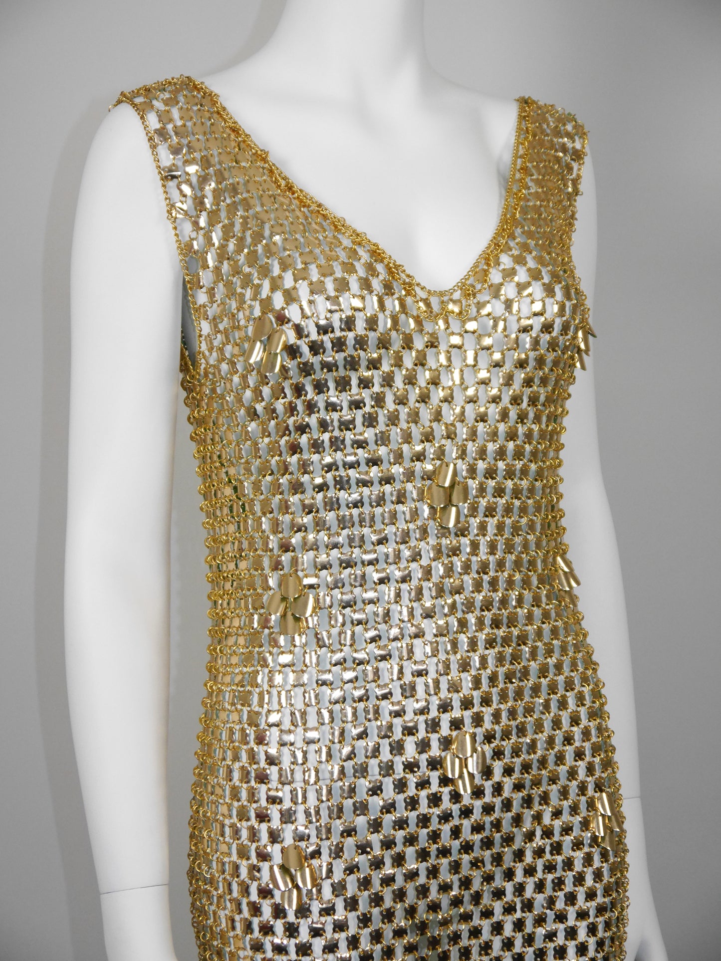 PACO RABANNE 1970s Vintage Gold-Tone Chain Mail Maxi Dress Size S