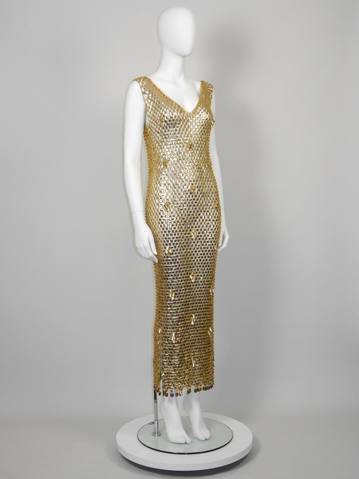 PACO RABANNE 1970s Vintage Gold-Tone Chain Mail Maxi Dress Size S