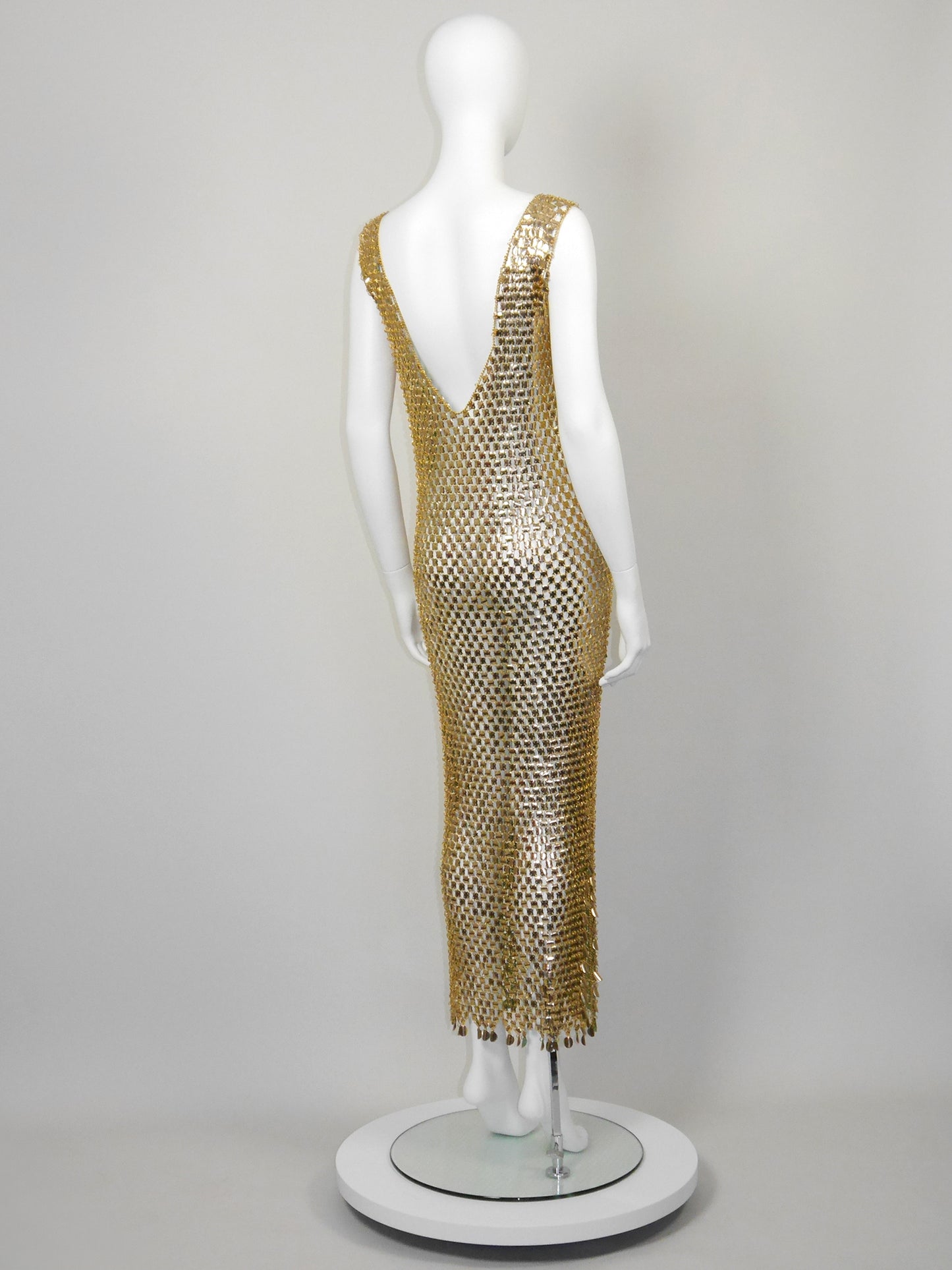 PACO RABANNE 1970s Vintage Gold-Tone Chain Mail Maxi Dress Size S