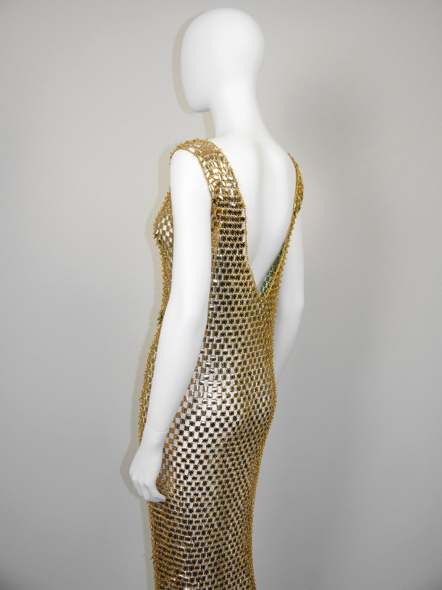 PACO RABANNE 1970s Vintage Gold-Tone Chain Mail Maxi Dress Size S