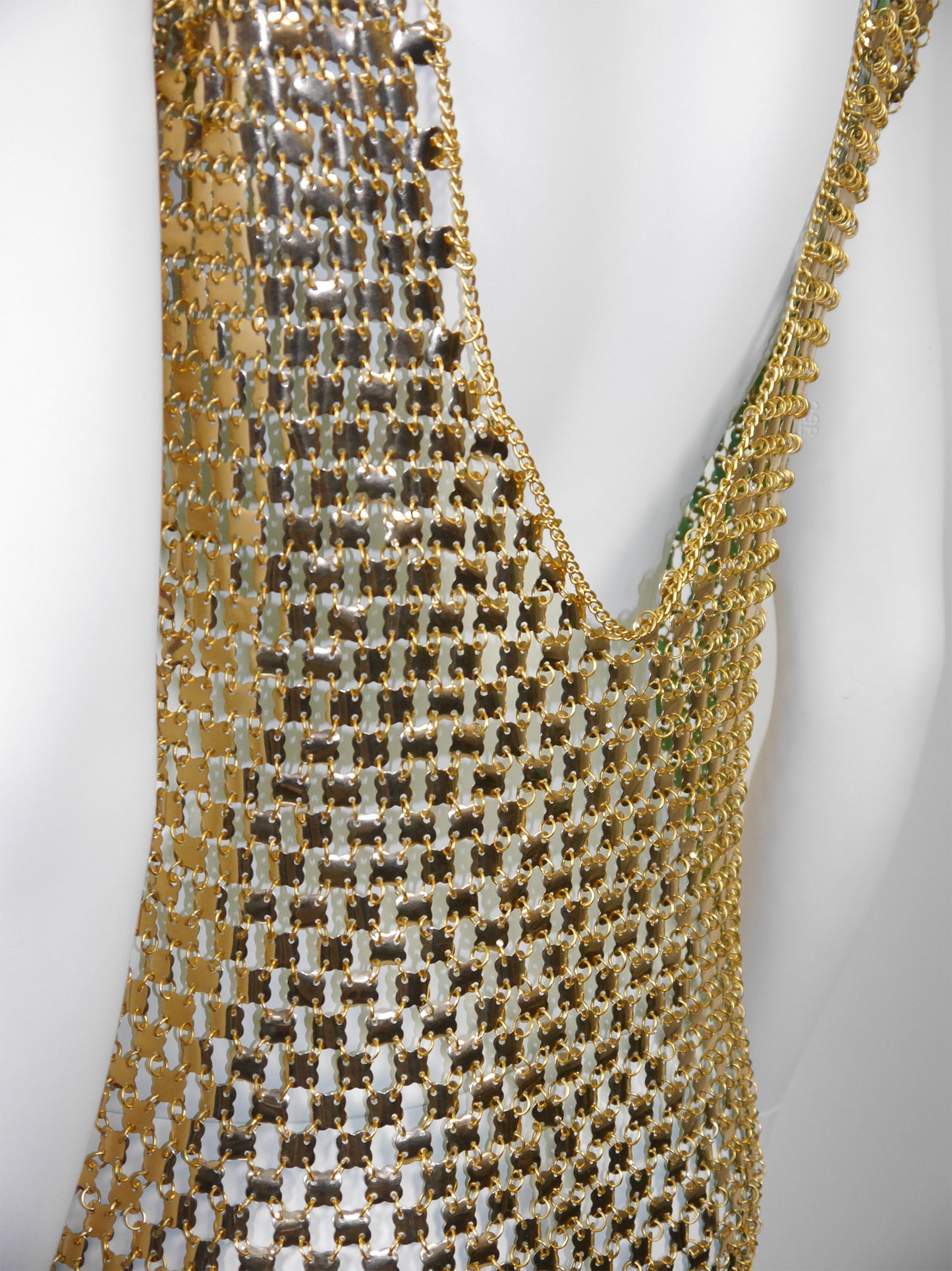 PACO RABANNE 1970s Vintage Gold-Tone Chain Mail Maxi Dress Size S