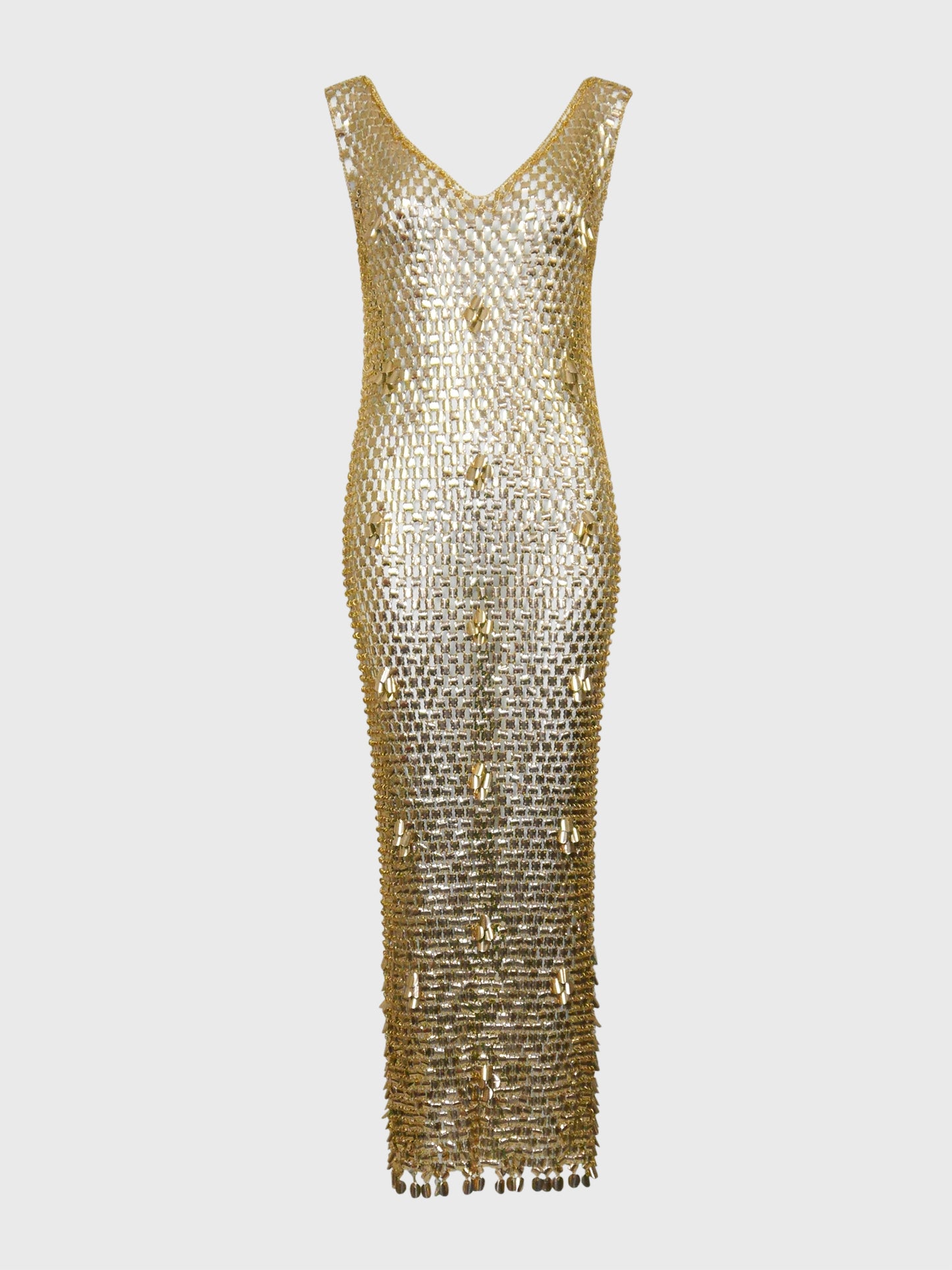 PACO RABANNE 1970s Vintage Gold-Tone Chain Mail Maxi Dress Size S