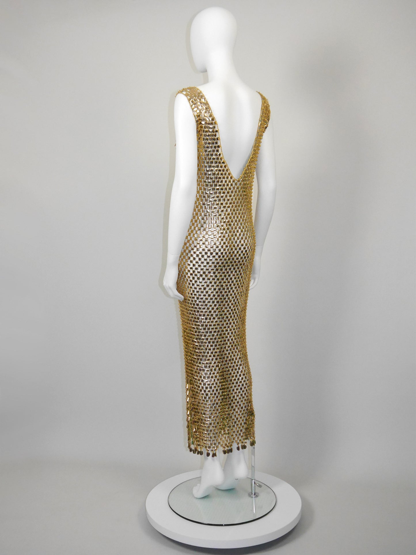 PACO RABANNE 1970s Vintage Gold-Tone Chain Mail Maxi Dress Size S