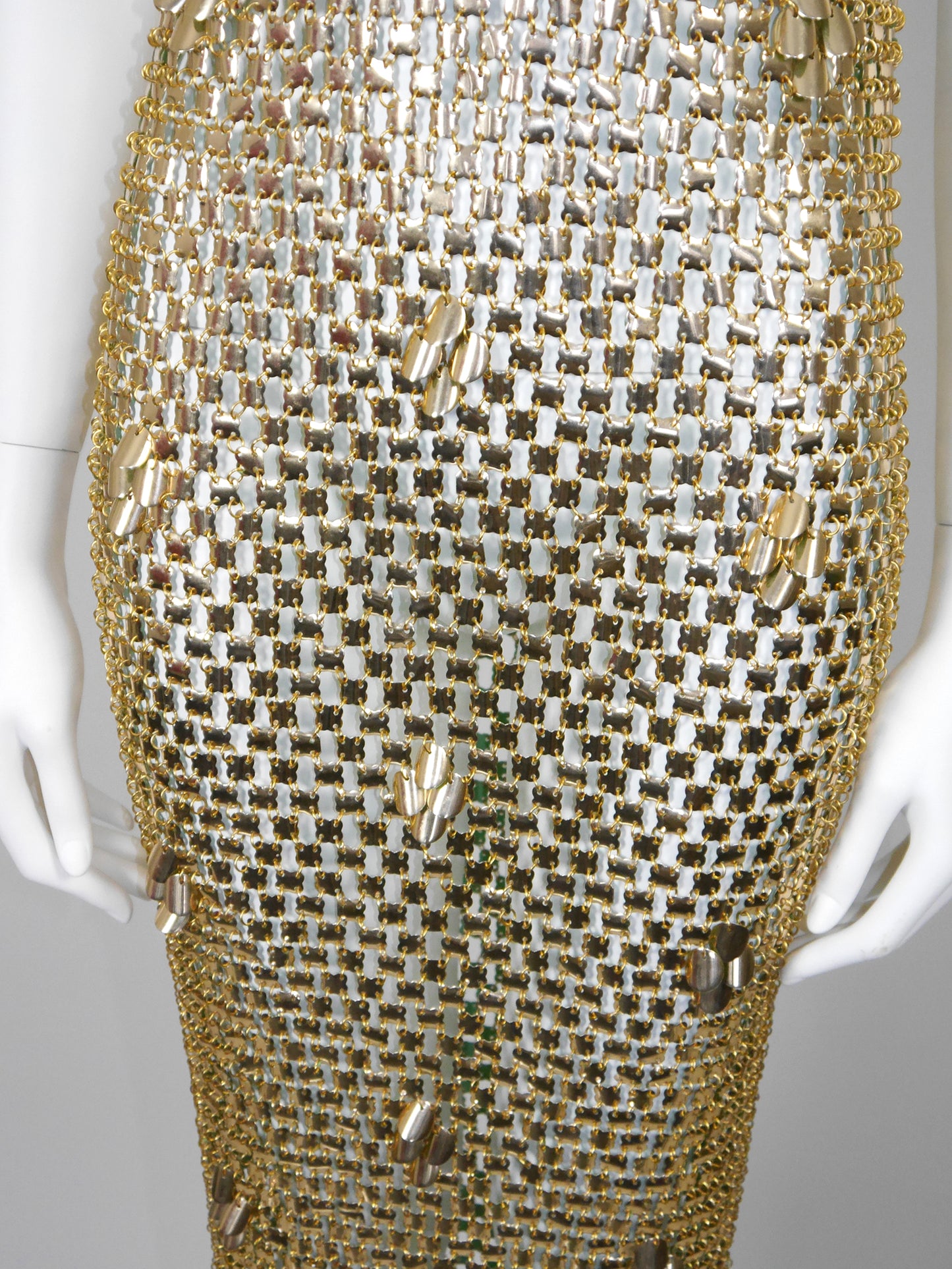 PACO RABANNE 1970s Vintage Gold-Tone Chain Mail Maxi Dress Size S