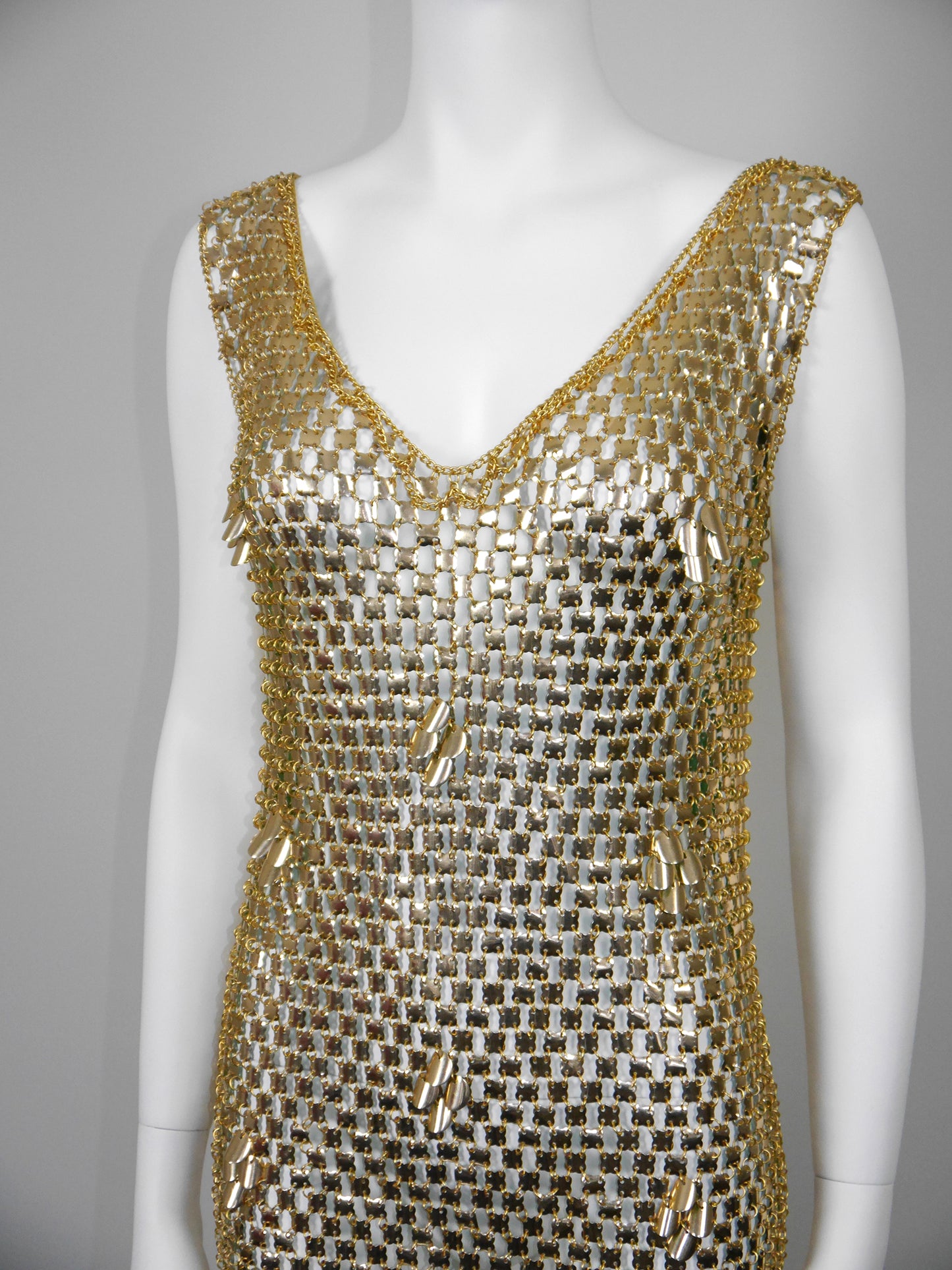 PACO RABANNE 1970s Vintage Gold-Tone Chain Mail Maxi Dress Size S