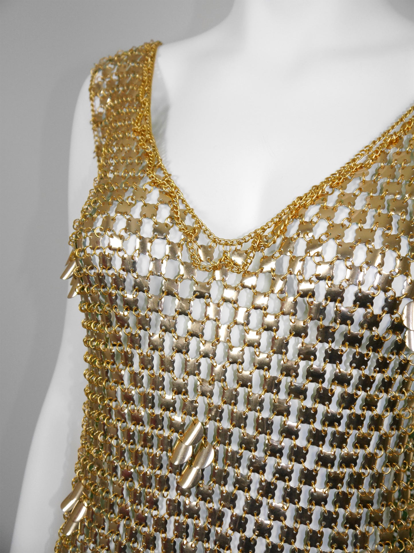 PACO RABANNE 1970s Vintage Gold-Tone Chain Mail Maxi Dress Size S