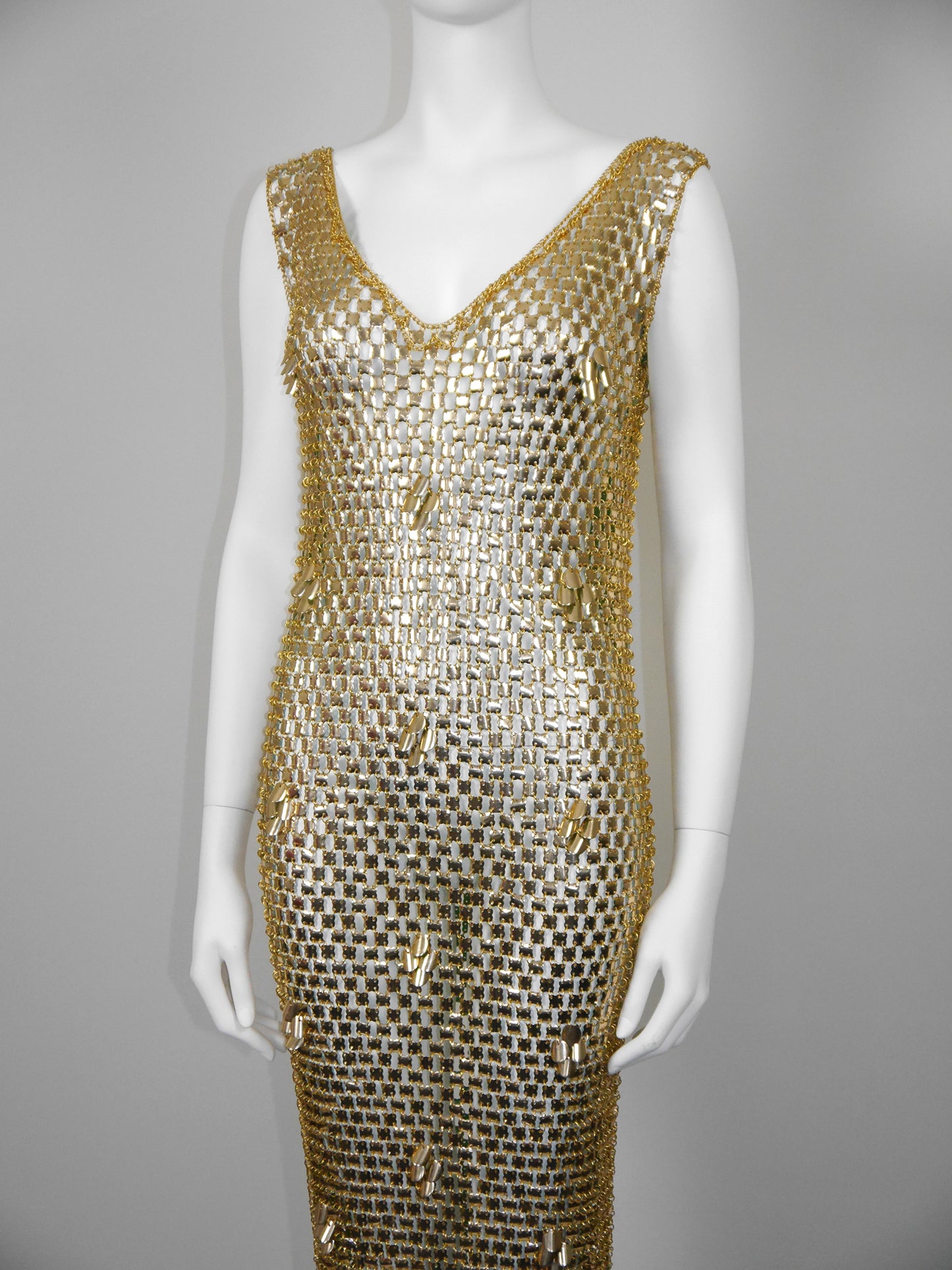 PACO RABANNE 1970s Vintage Gold-Tone Chain Mail Maxi Dress Size S