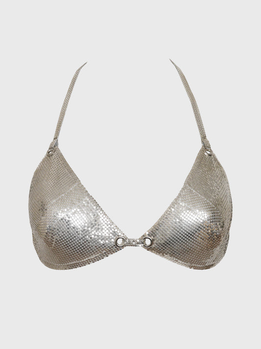 PACO RABANNE 1960s 1970s Vintage Silver-Tone Mesh Metal Bra Top