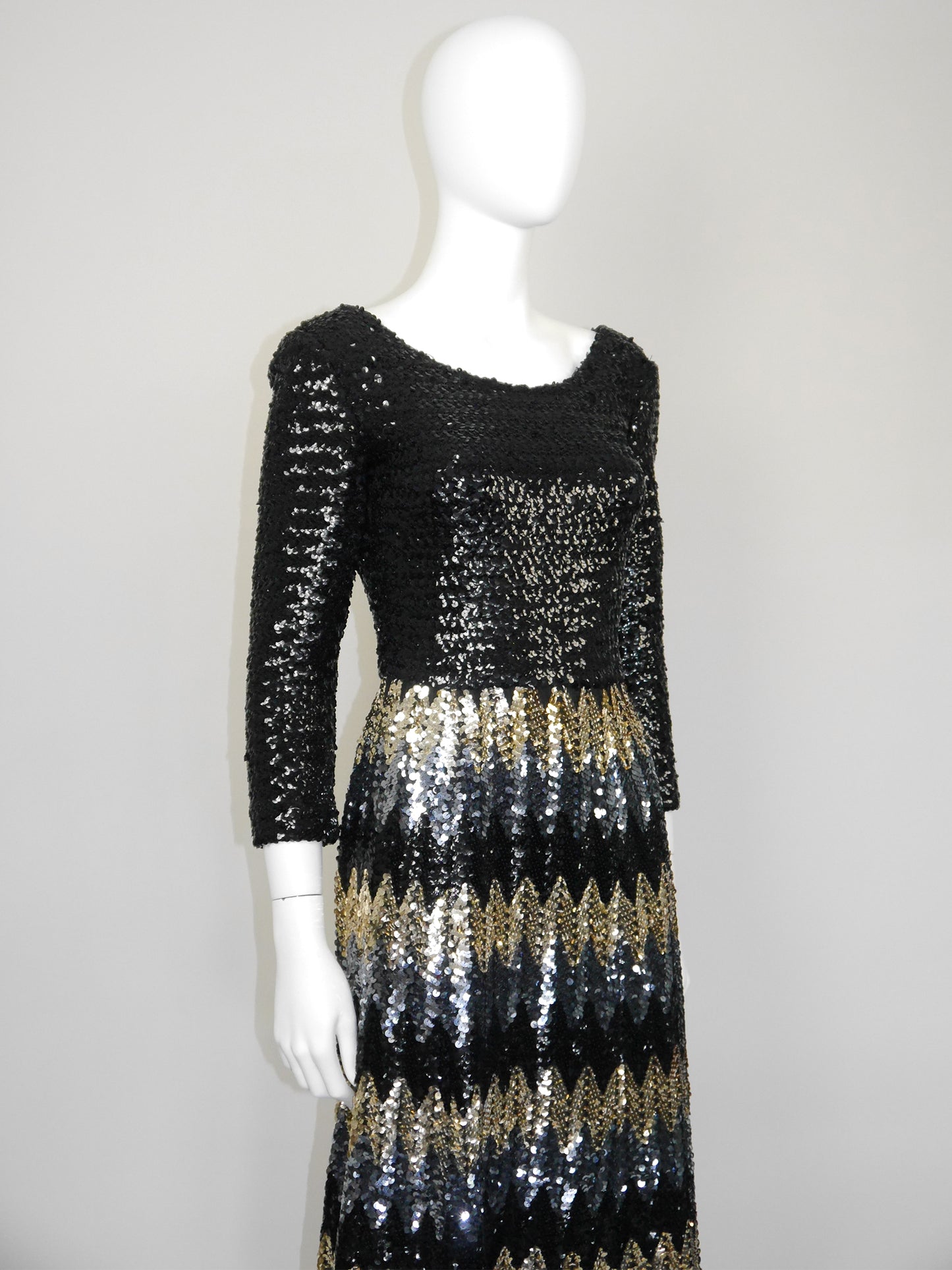 PAULETTE BURAUD 1970s Vintage Fully Sequined Maxi Evening Dress Size S