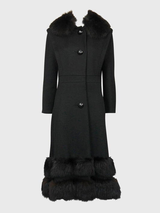 PIERRE CARDIN 1960s 1970s Vintage Black Wool Coat w/ Fox Fur Size XS-S