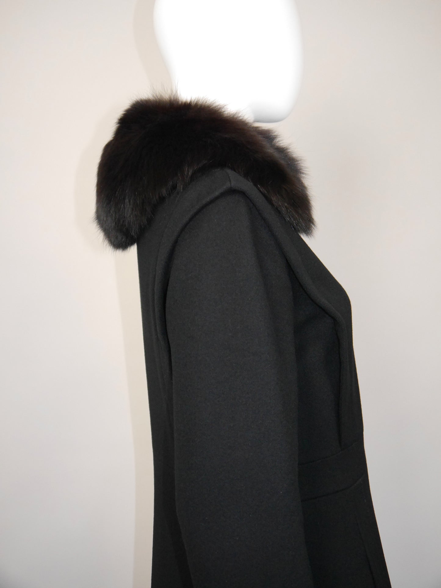 PIERRE CARDIN 1960s 1970s Vintage Black Wool Coat w/ Fox Fur Size XS-S