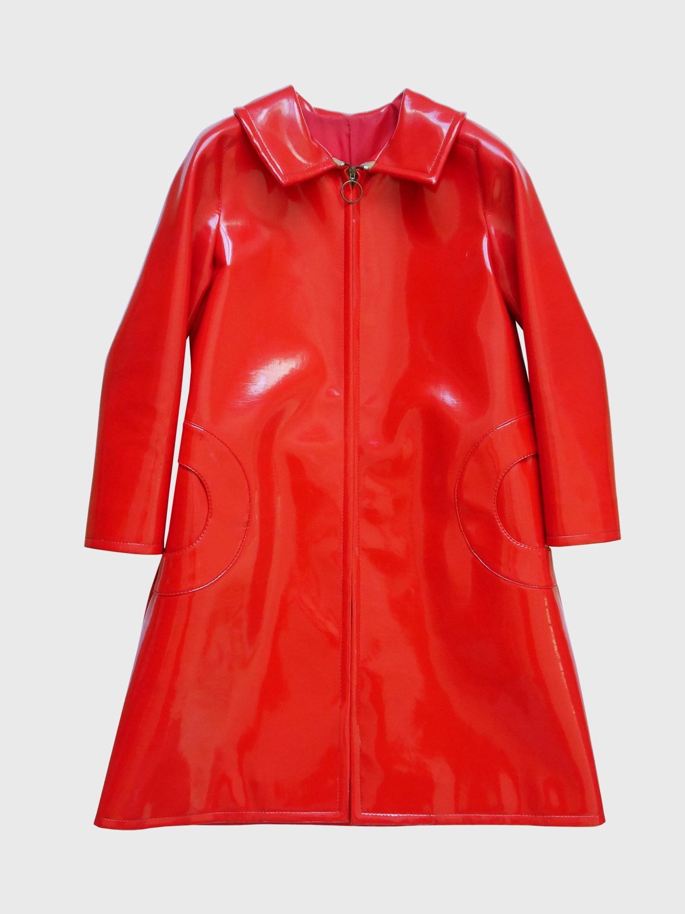 PIERRE CARDIN 1960s Vintage Red Vinyl Space Age Coat w/ Circle Pockets