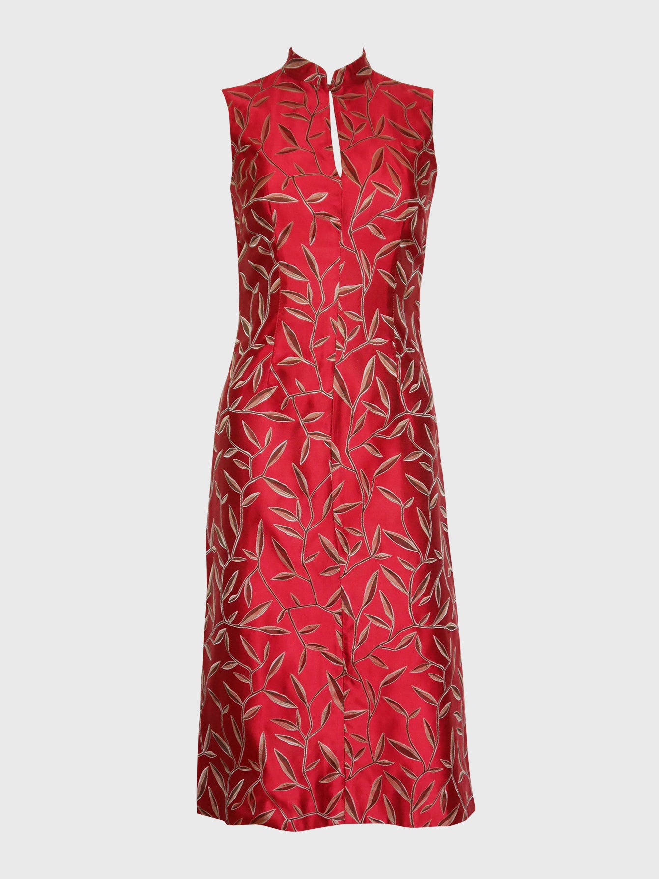 PRADA Spring 1997 1990s Vintage Chinoiserie Red Leaf Print Silk Dress