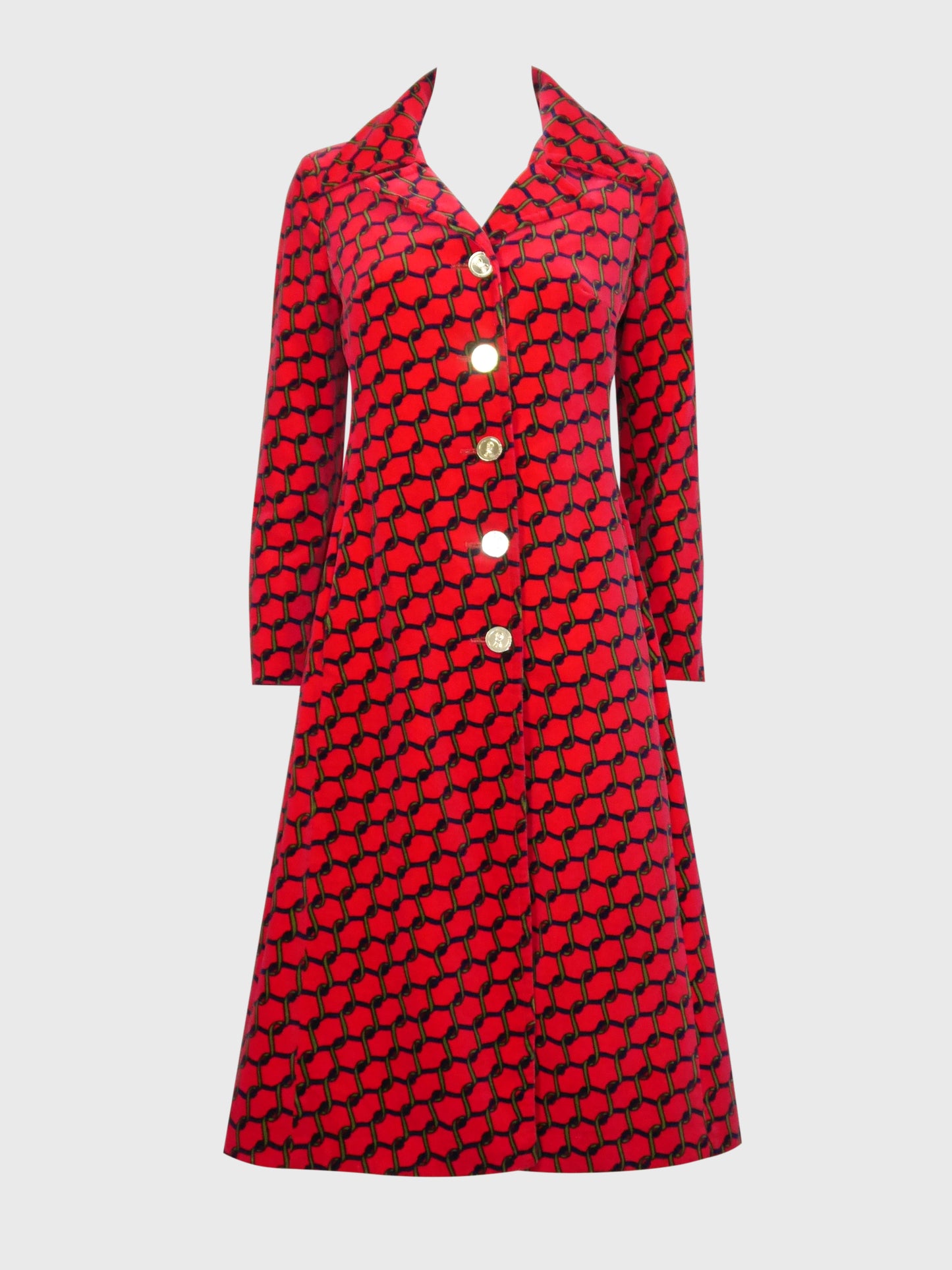 ROBERTA DI CAMERINO 1970s Vintage Red Signature Print Velvet Midi Coat Size S