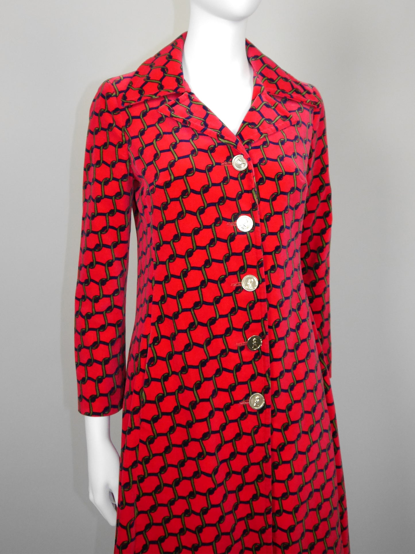 ROBERTA DI CAMERINO 1970s Vintage Red Signature Print Velvet Midi Coat Size S