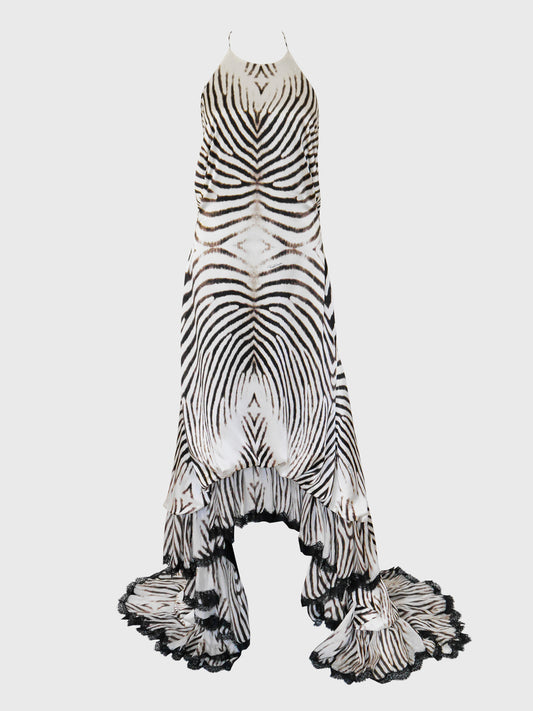 ROBERTO CAVALLI 2000s Vintage Backless Animal Print Silk Lace Evening Gown