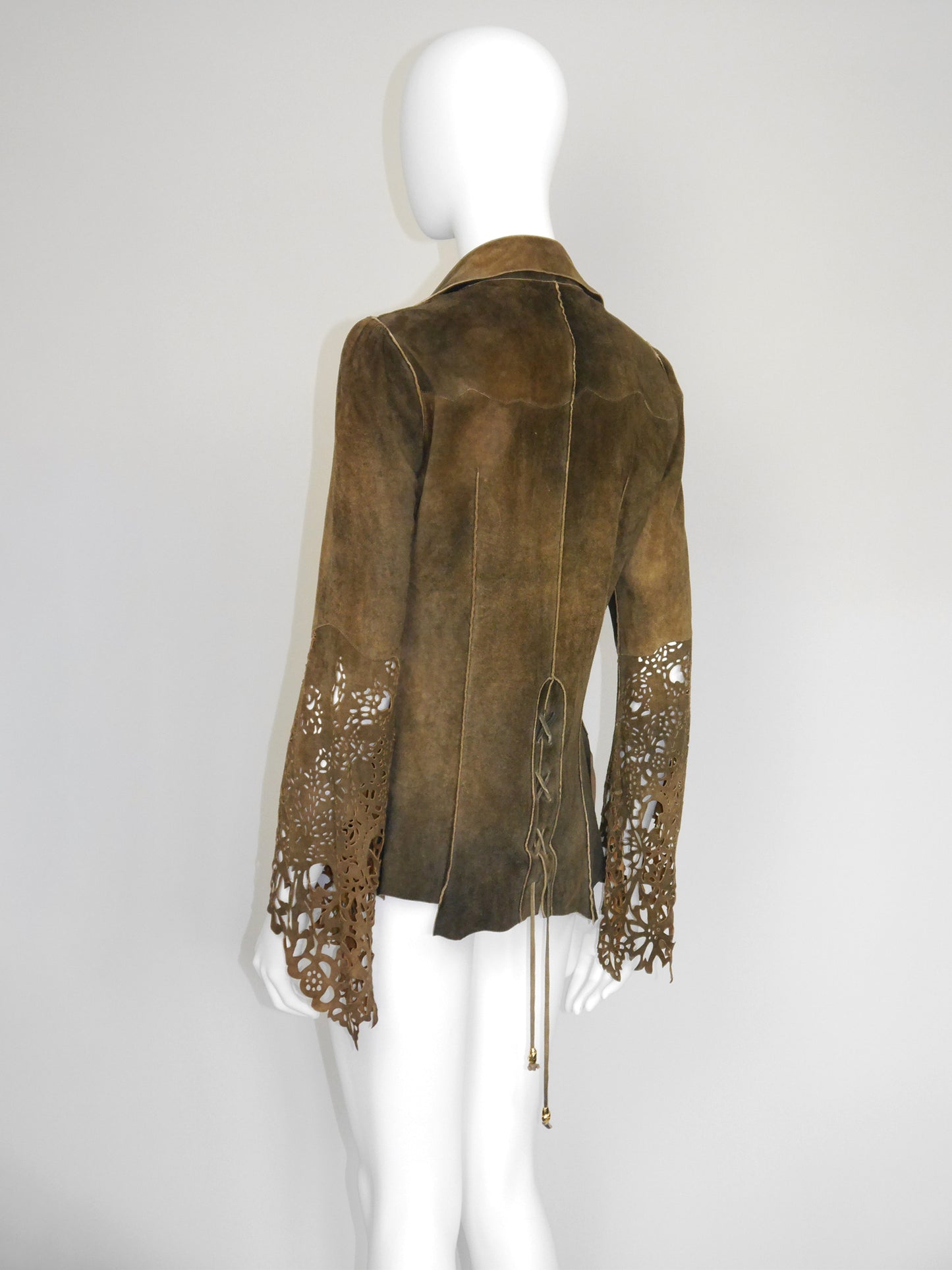 ROBERTO CAVALLI Fall 1999 Vintage Suede Leather Jacket Laser-Cut Sleeves Size S