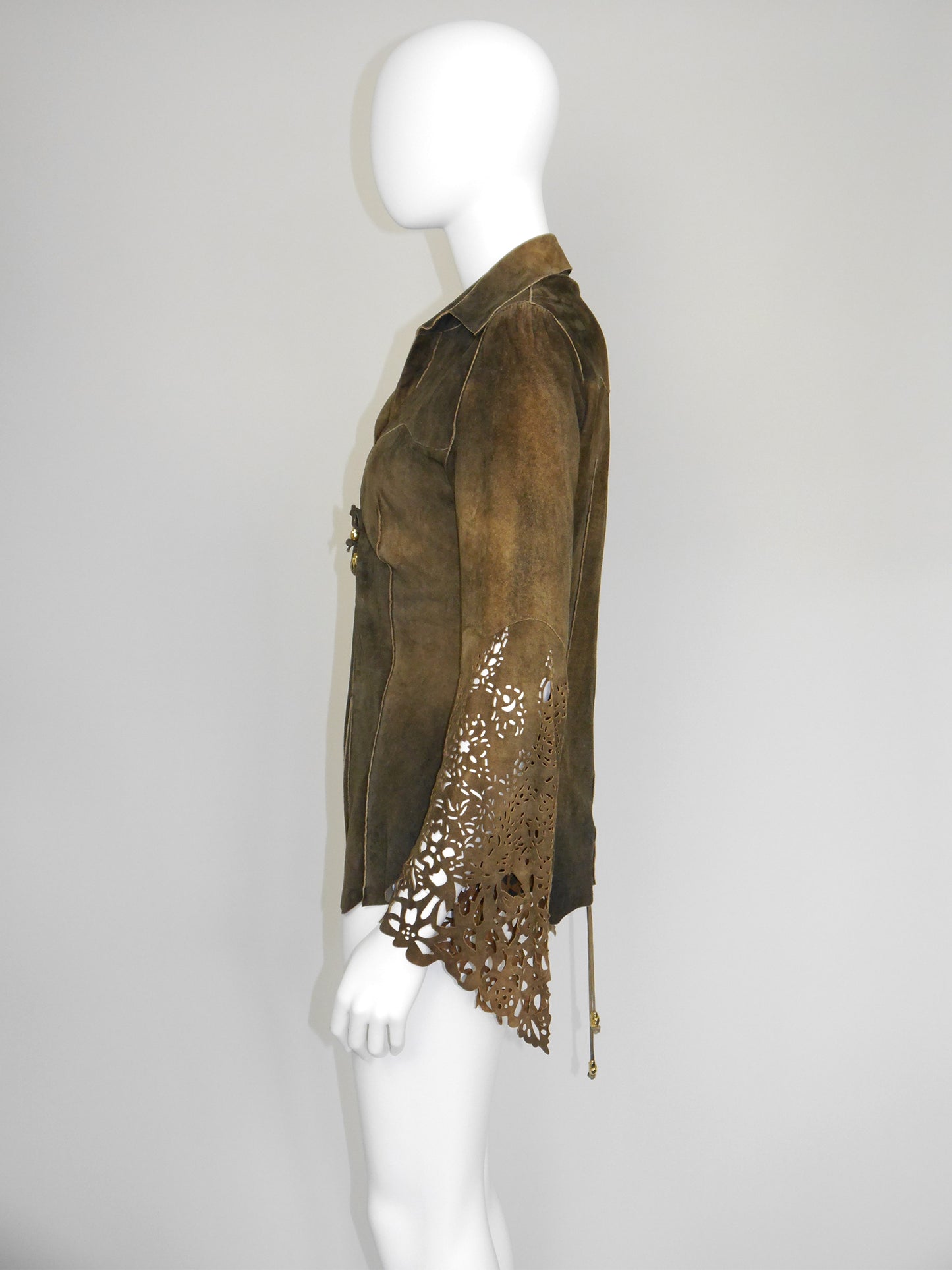 ROBERTO CAVALLI Fall 1999 Vintage Suede Leather Jacket Laser-Cut Sleeves Size S
