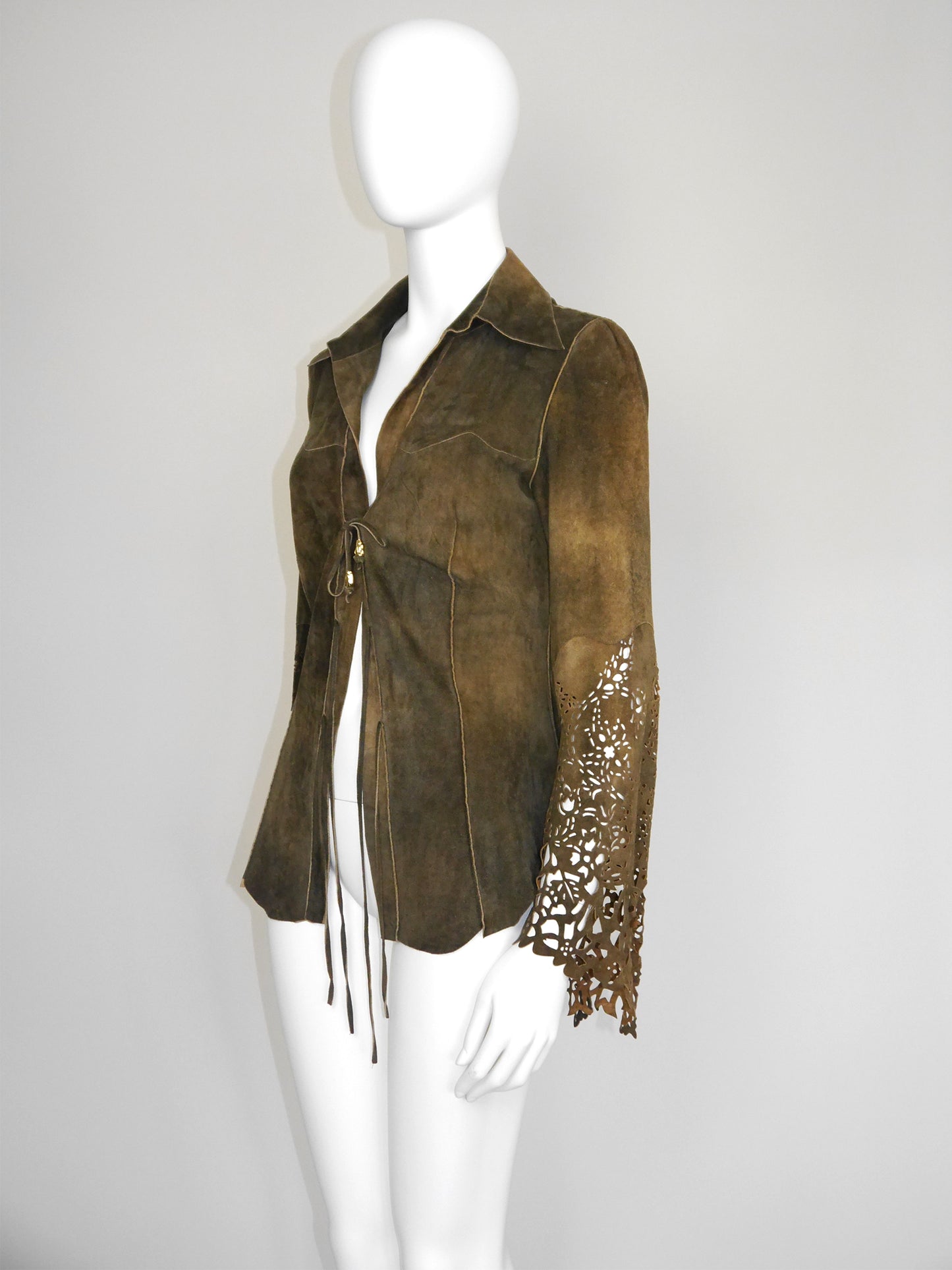 ROBERTO CAVALLI Fall 1999 Vintage Suede Leather Jacket Laser-Cut Sleeves Size S
