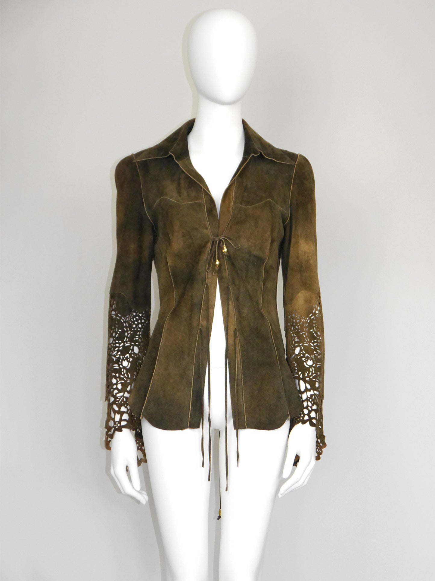 ROBERTO CAVALLI Fall 1999 Vintage Suede Leather Jacket Laser-Cut Sleeves Size S