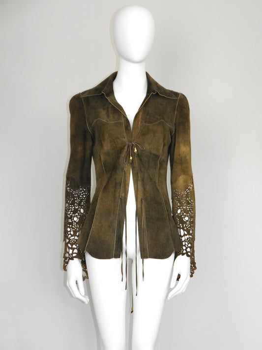 ROBERTO CAVALLI Fall 1999 Vintage Suede Leather Jacket Laser-Cut Sleeves Size S