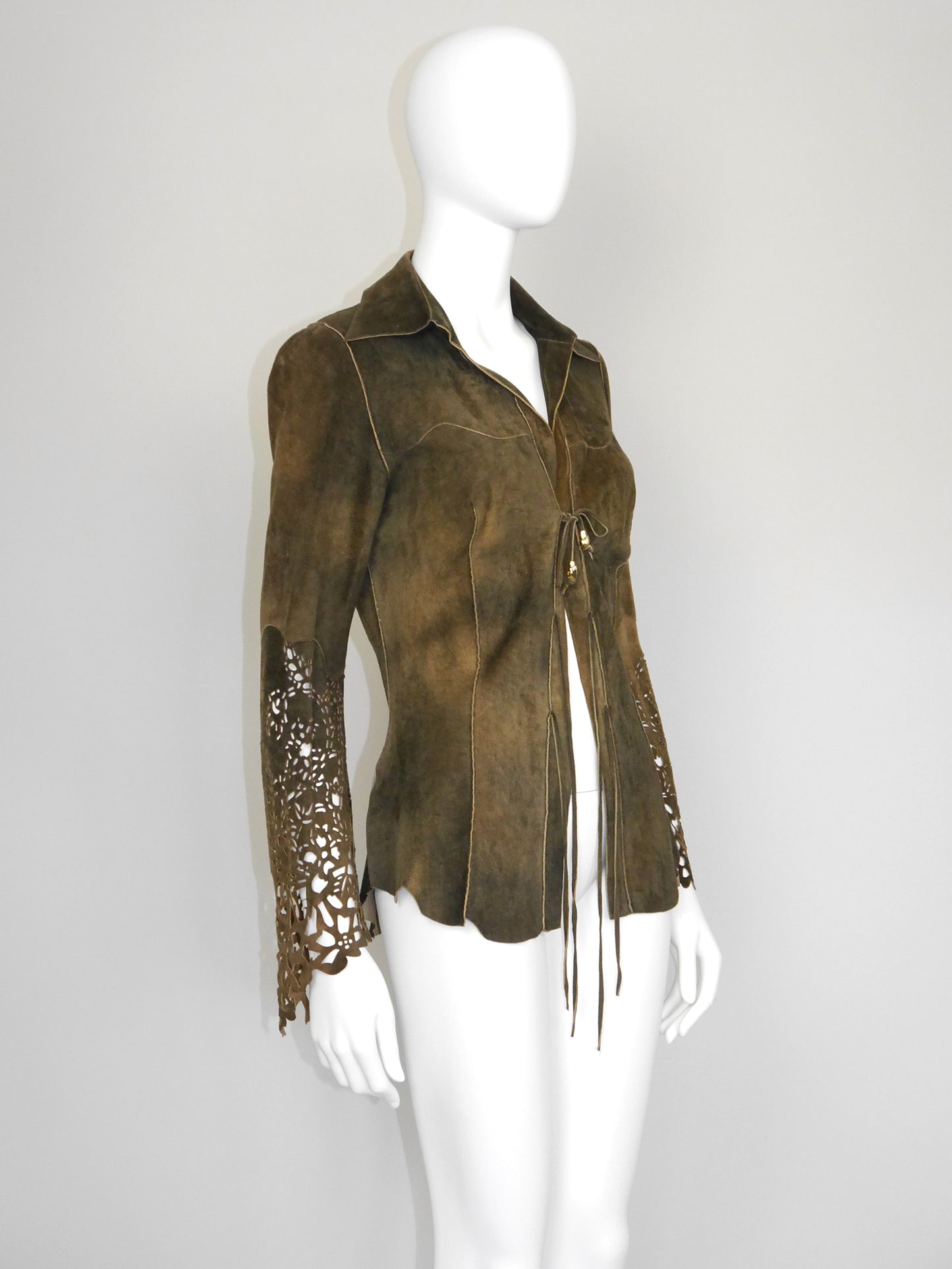 ROBERTO CAVALLI Fall 1999 Vintage Suede Leather Jacket Laser-Cut Sleeves Size S