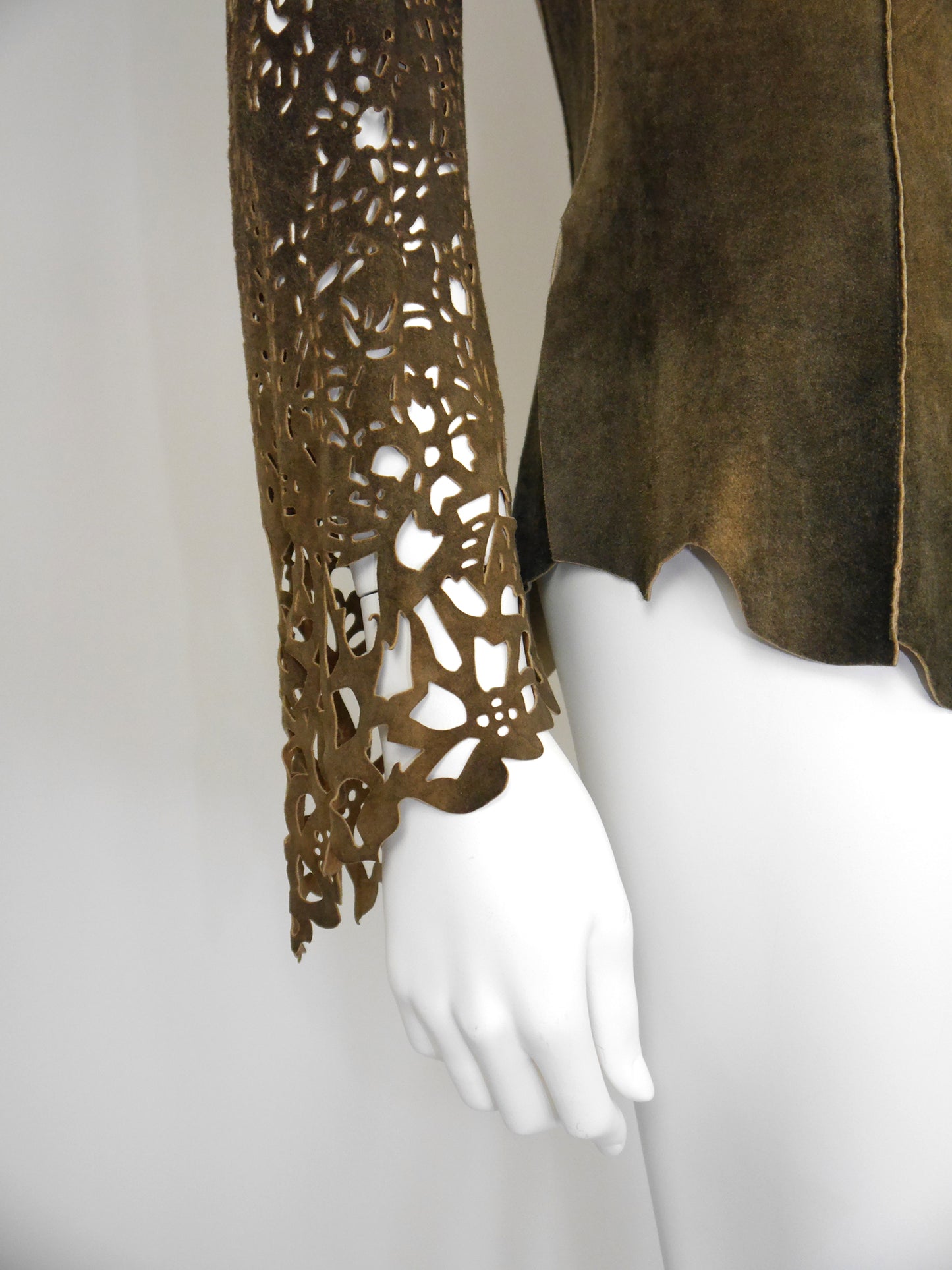 ROBERTO CAVALLI Fall 1999 Vintage Suede Leather Jacket Laser-Cut Sleeves Size S