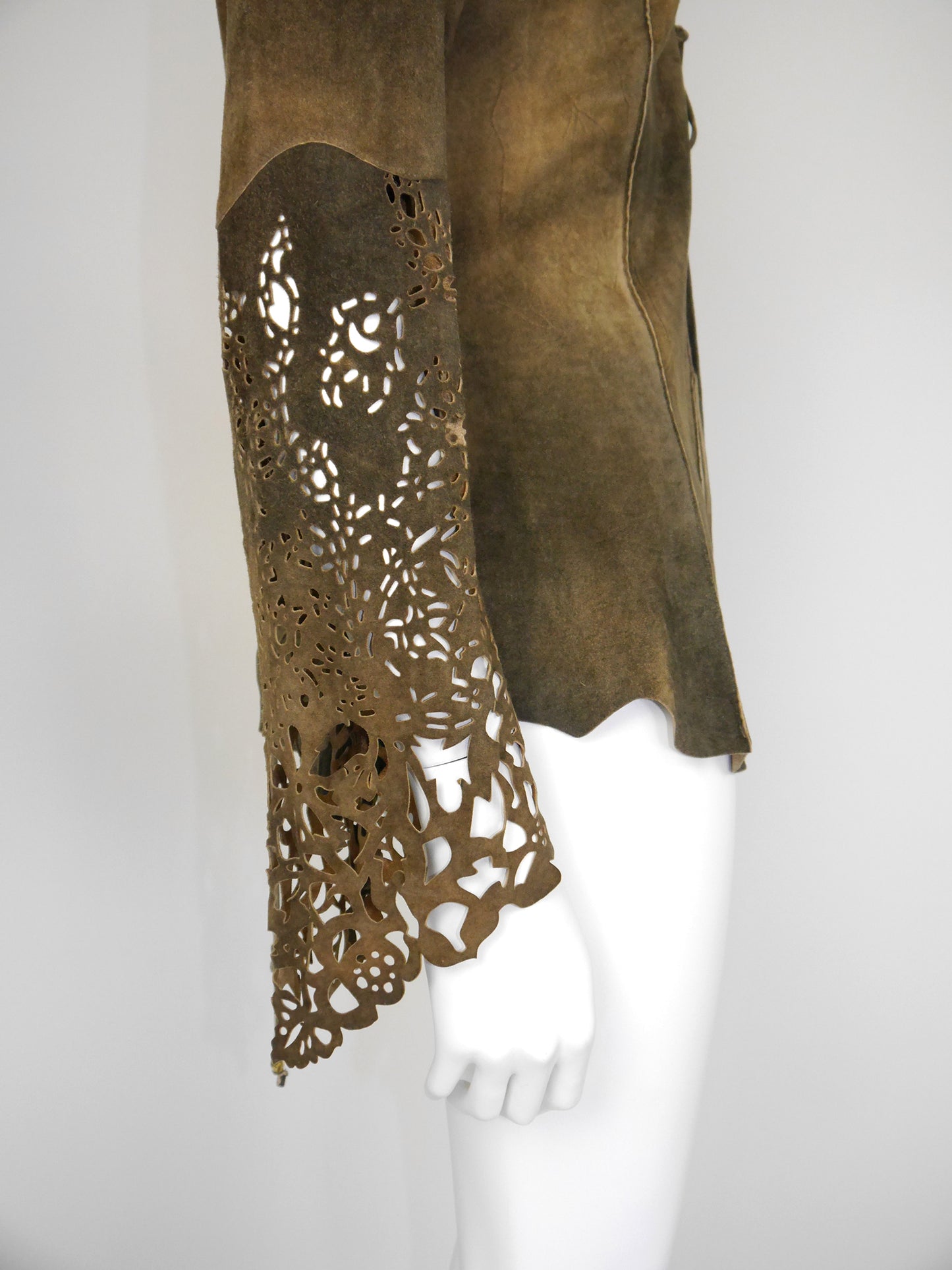 ROBERTO CAVALLI Fall 1999 Vintage Suede Leather Jacket Laser-Cut Sleeves Size S