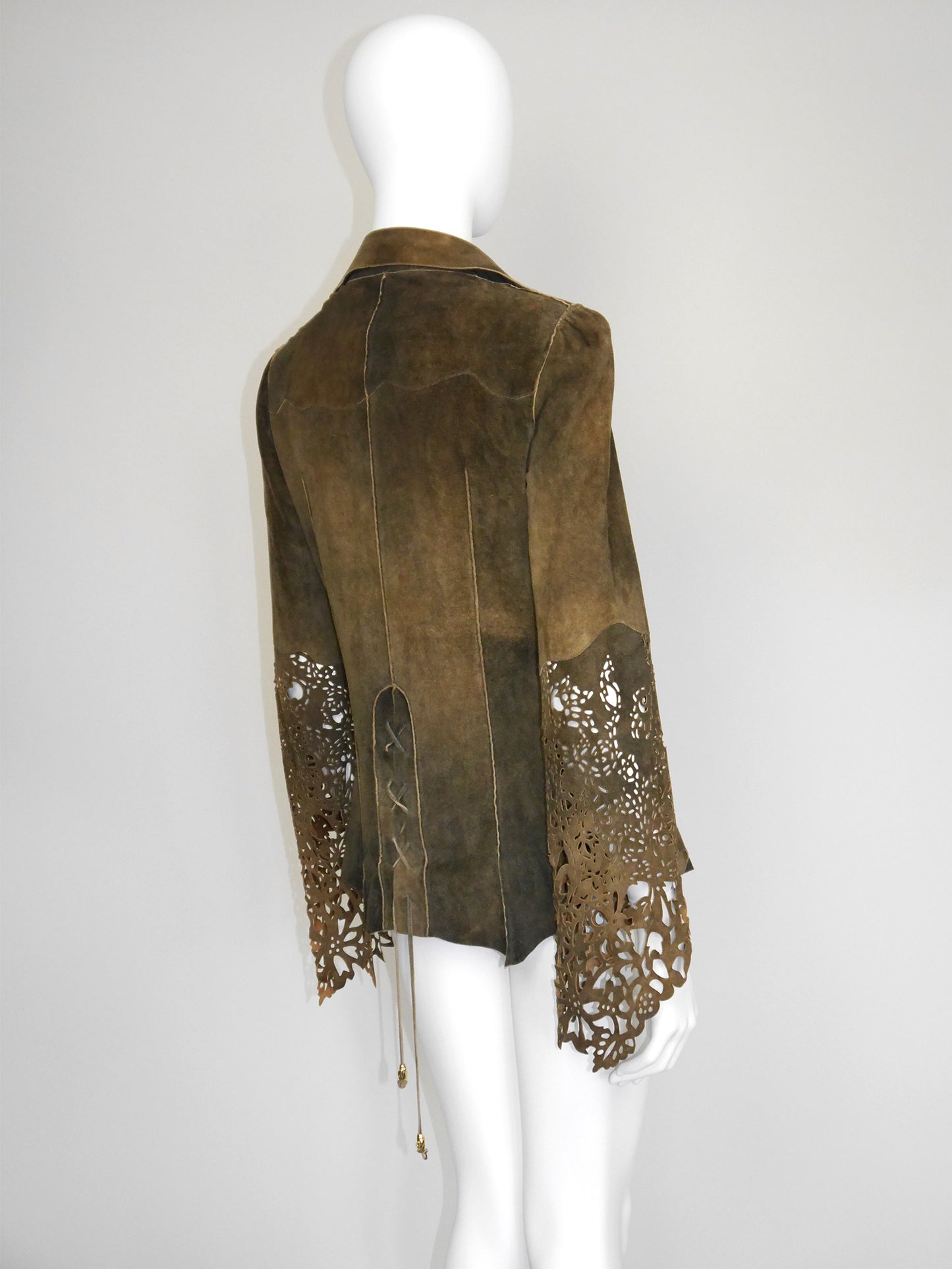 ROBERTO CAVALLI Fall 1999 Vintage Suede Leather Jacket Laser-Cut Sleeves Size S