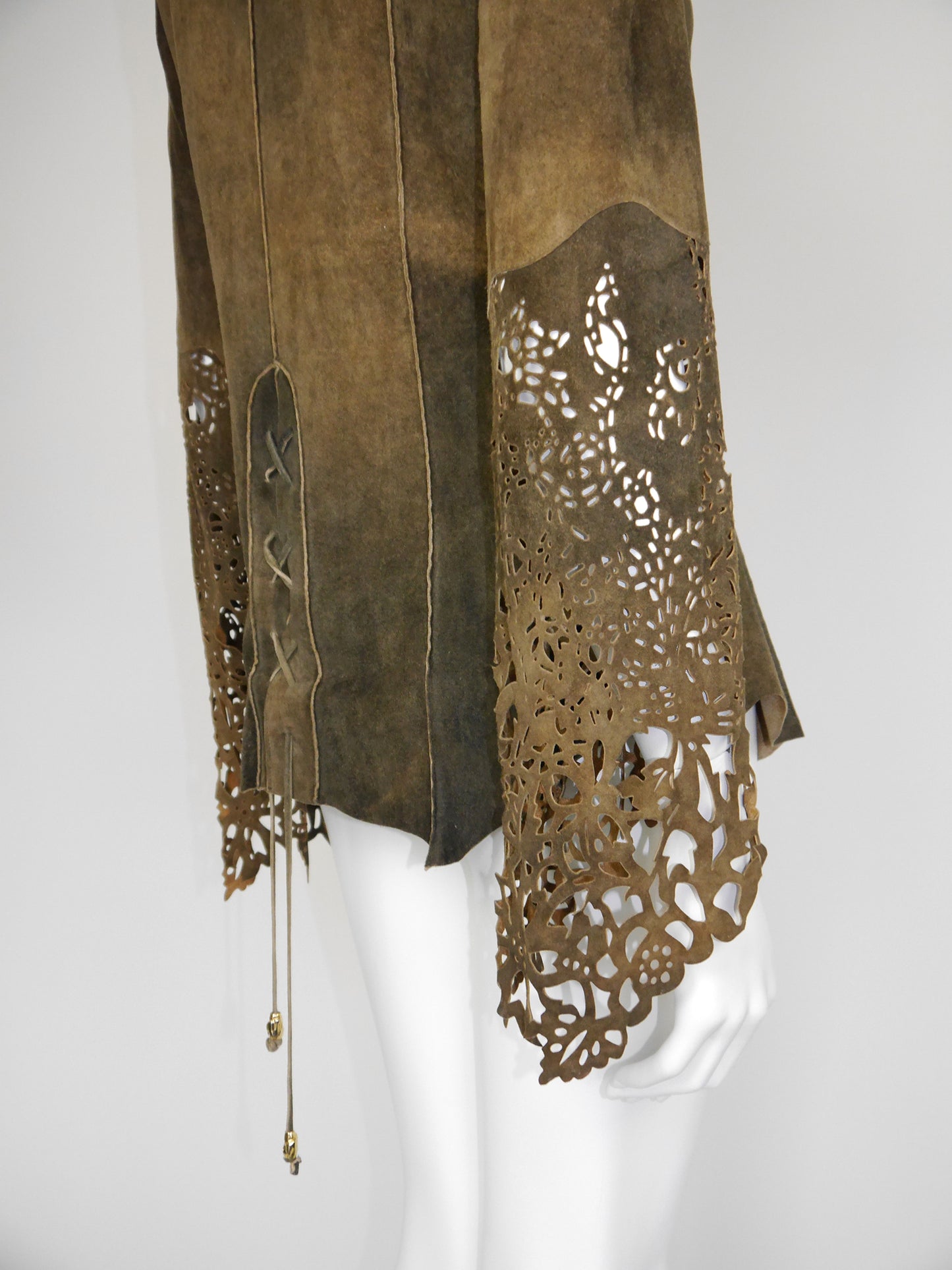 ROBERTO CAVALLI Fall 1999 Vintage Suede Leather Jacket Laser-Cut Sleeves Size S