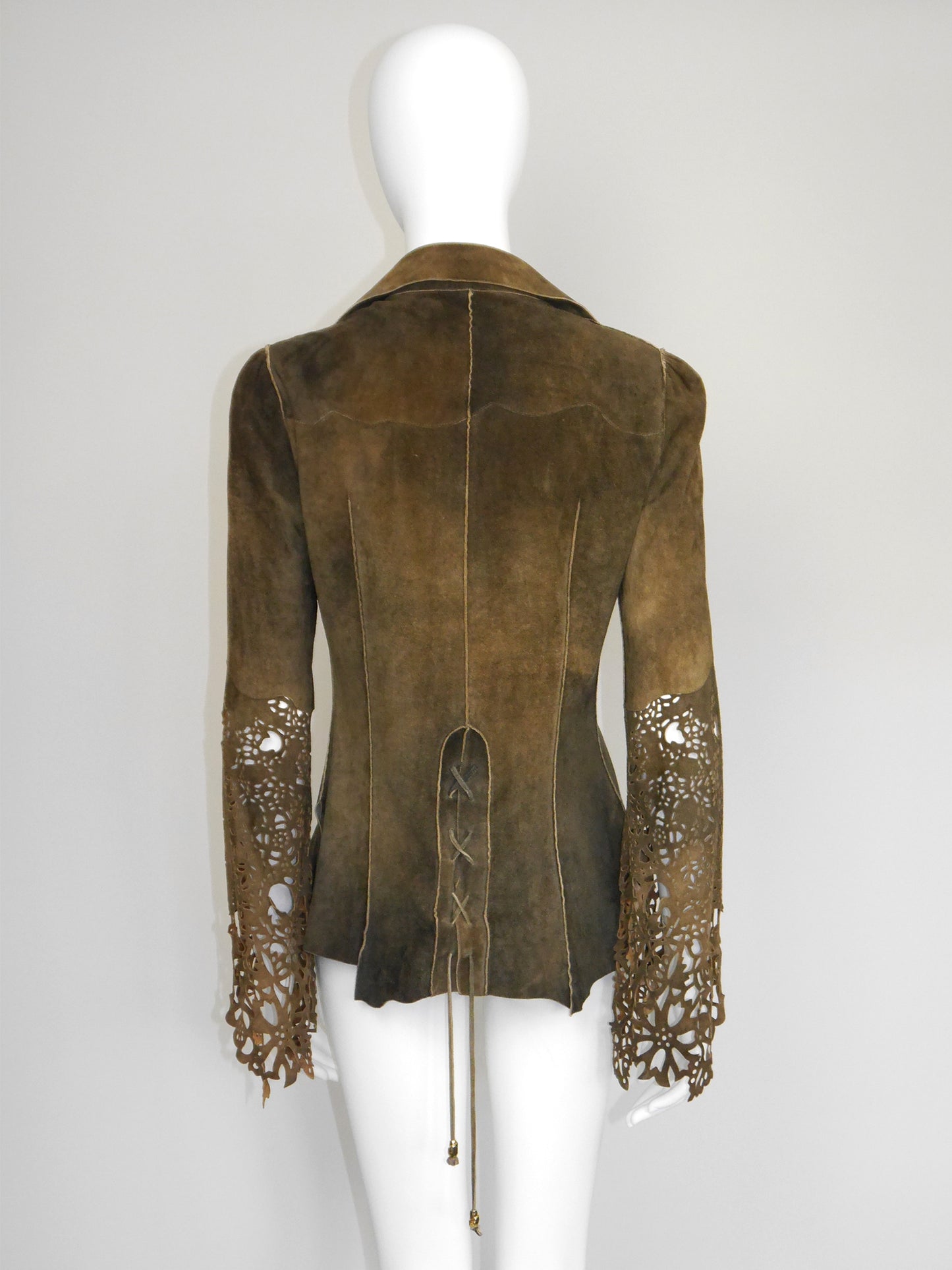 ROBERTO CAVALLI Fall 1999 Vintage Suede Leather Jacket Laser-Cut Sleeves Size S