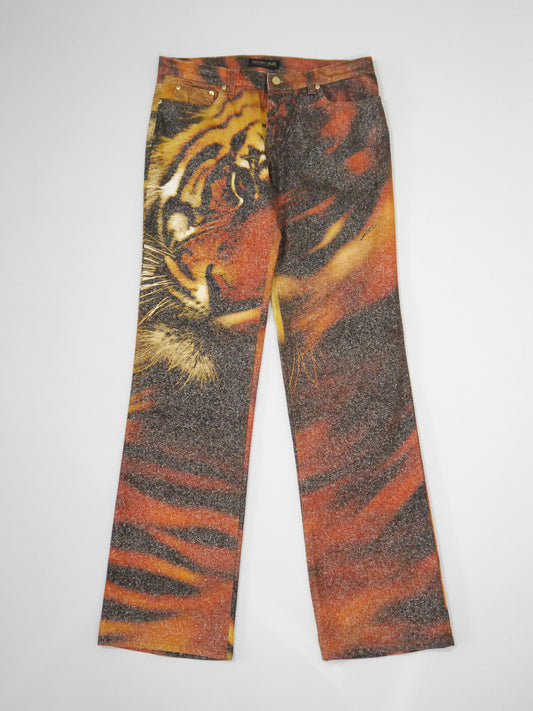 ROBERTO CAVALLI Fall 2000 Vintage Tiger Print Denim Pants w/ Glitter