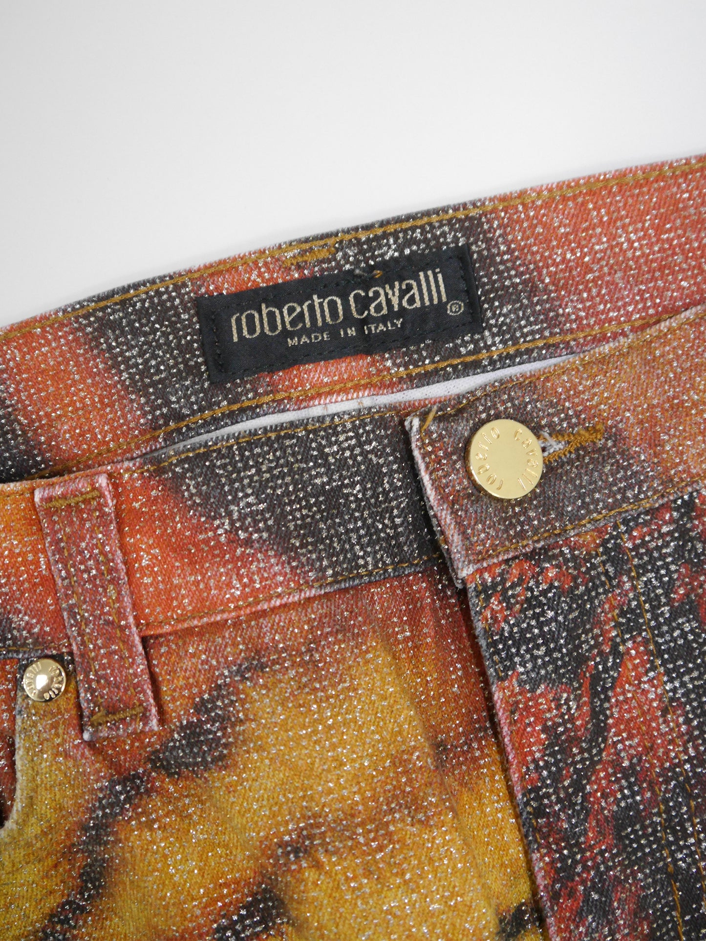 ROBERTO CAVALLI Fall 2000 Vintage Tiger Print Denim Pants w/ Glitter Size L