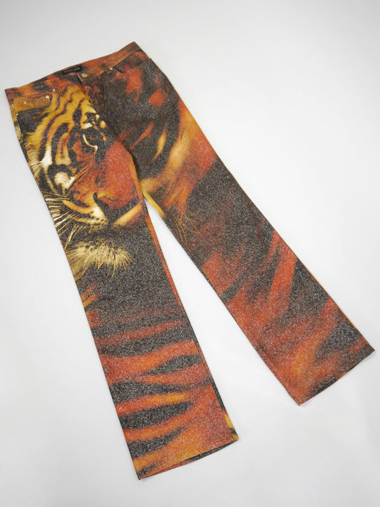 ROBERTO CAVALLI Fall 2000 Vintage Tiger Print Denim Pants w/ Glitter Size L