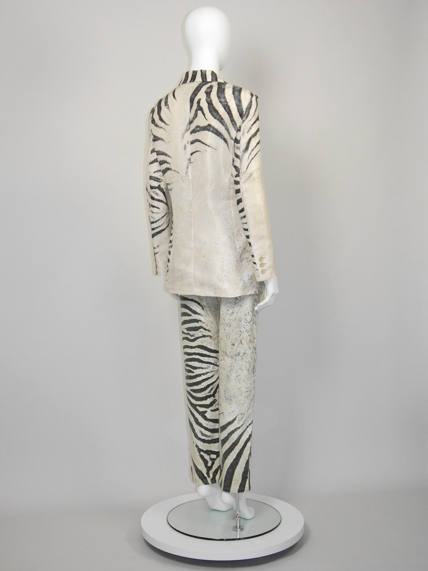 ROBERTO CAVALLI Spring 1999 Vintage Zebra Print Silk Jacket & Denim Pants Suit Size M