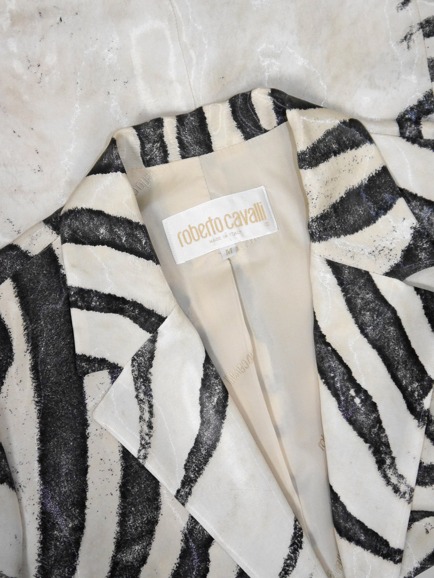 ROBERTO CAVALLI Spring 1999 Vintage Zebra Print Silk Jacket & Denim Pants Suit Size M