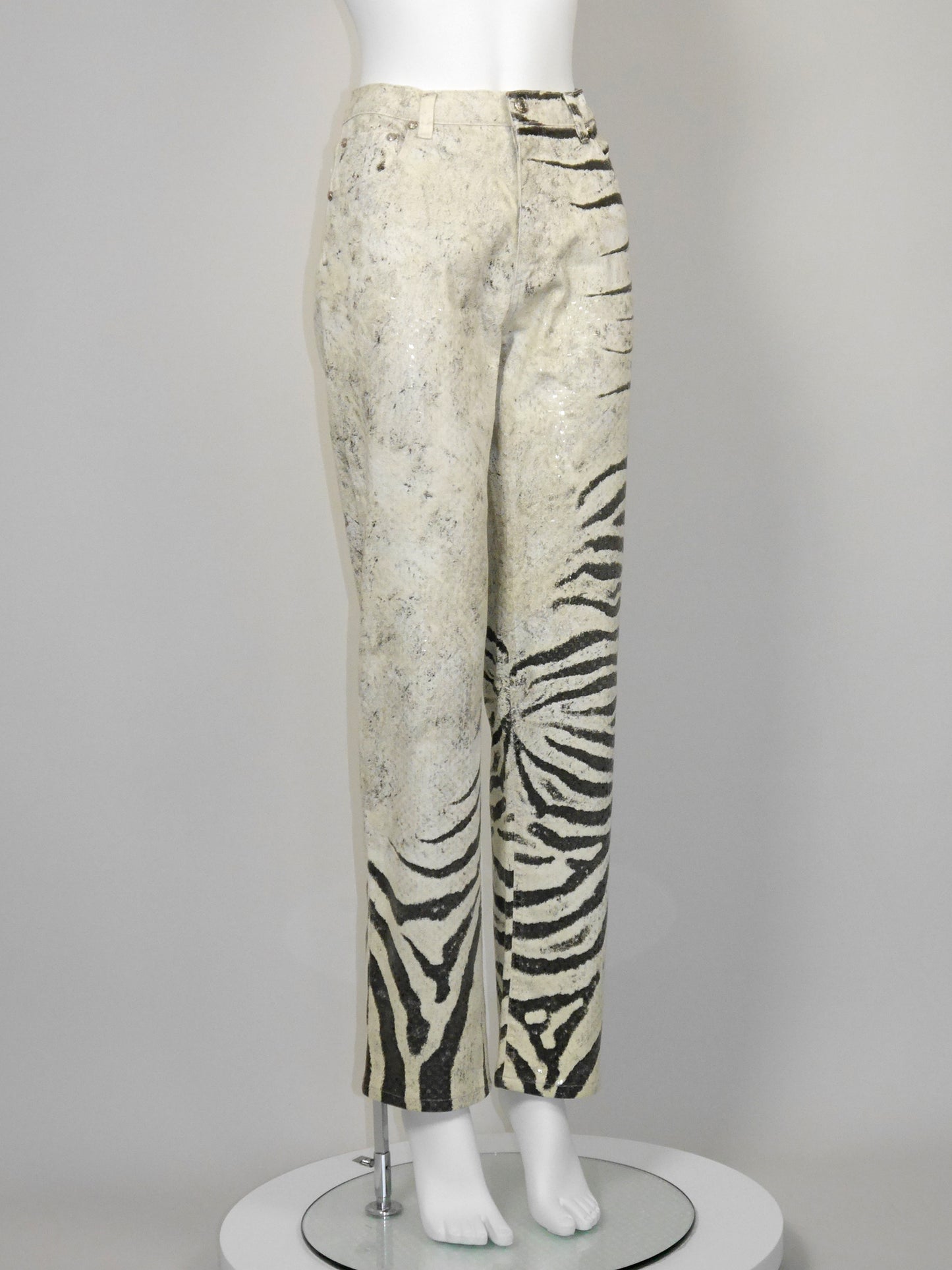 ROBERTO CAVALLI Spring 1999 Vintage Zebra Print Silk Jacket & Denim Pants Suit Size M