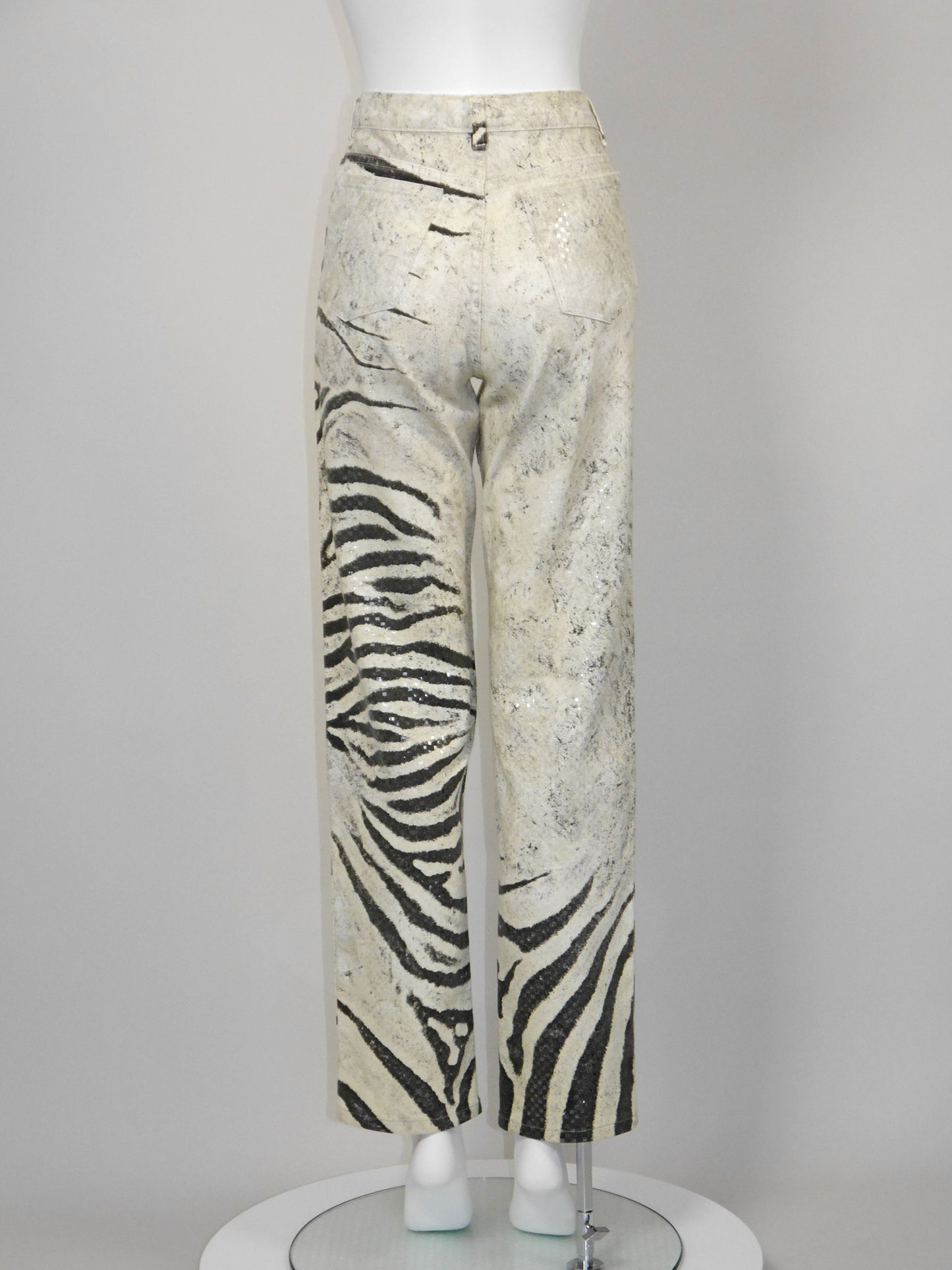 ROBERTO CAVALLI Spring 1999 Vintage Zebra Print Silk Jacket & Denim Pants Suit Size M