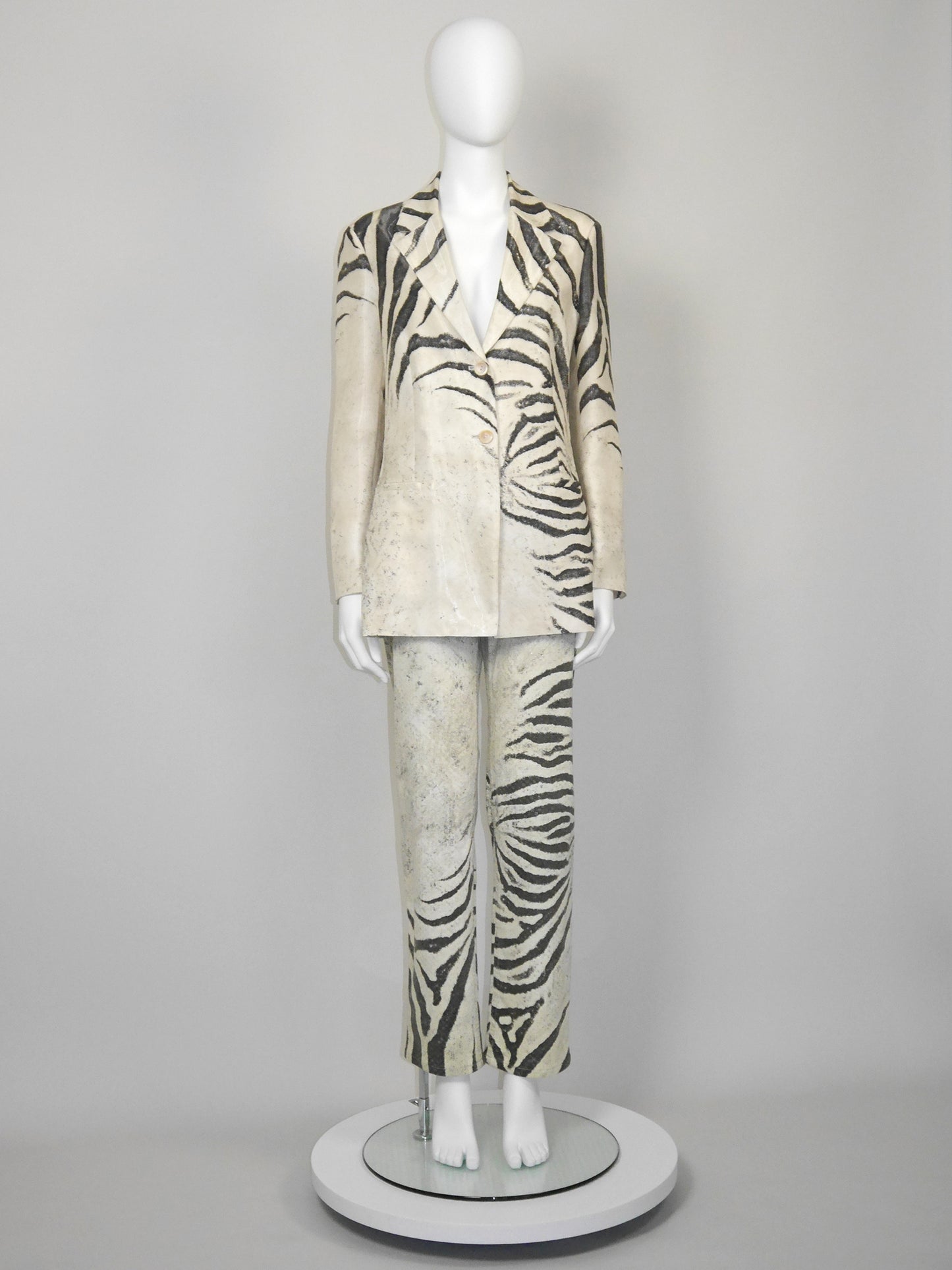 ROBERTO CAVALLI Spring 1999 Vintage Zebra Print Silk Jacket & Denim Pants Suit Size M