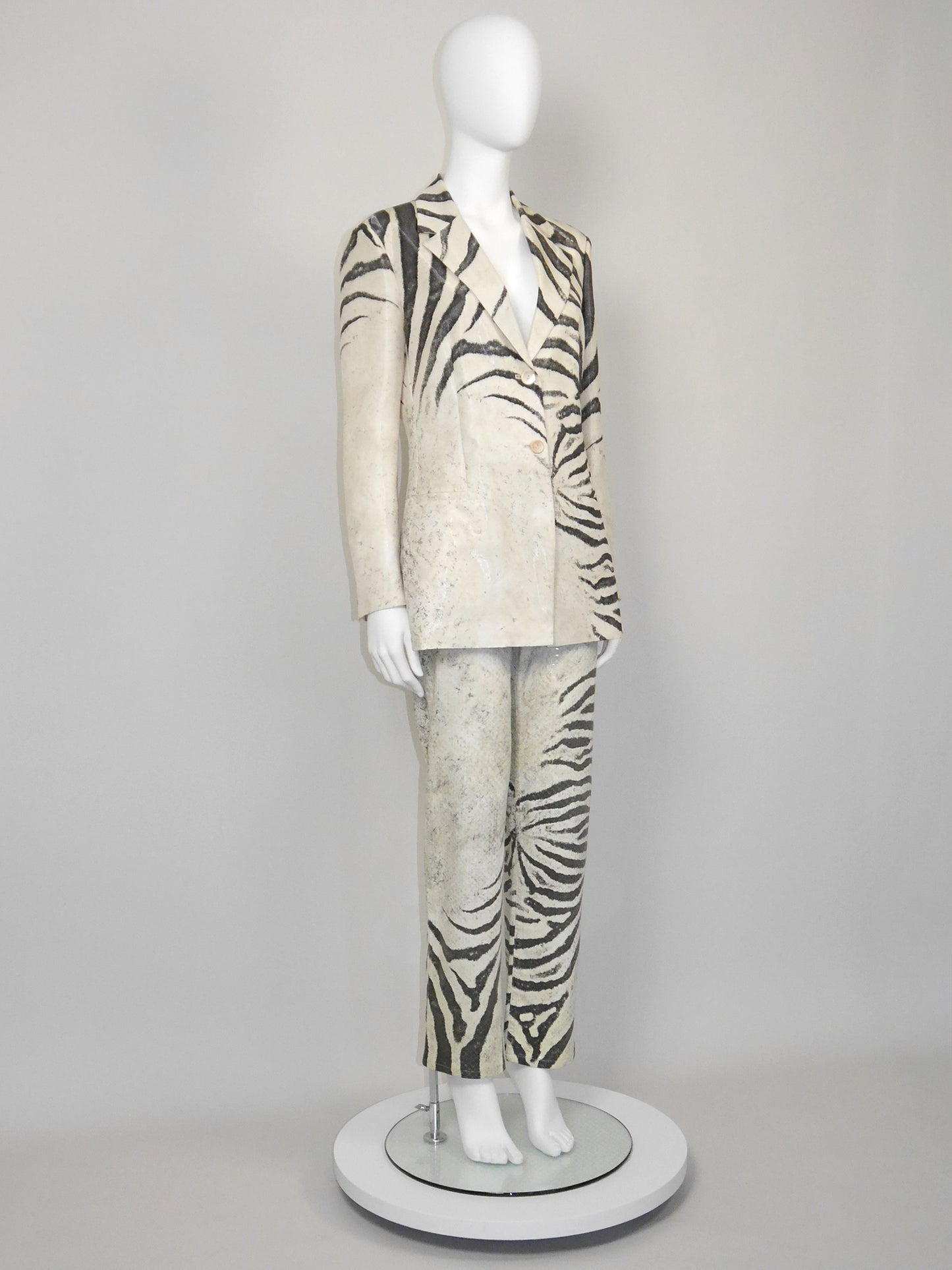 ROBERTO CAVALLI Spring 1999 Vintage Zebra Print Silk Jacket & Denim Pants Suit Size M
