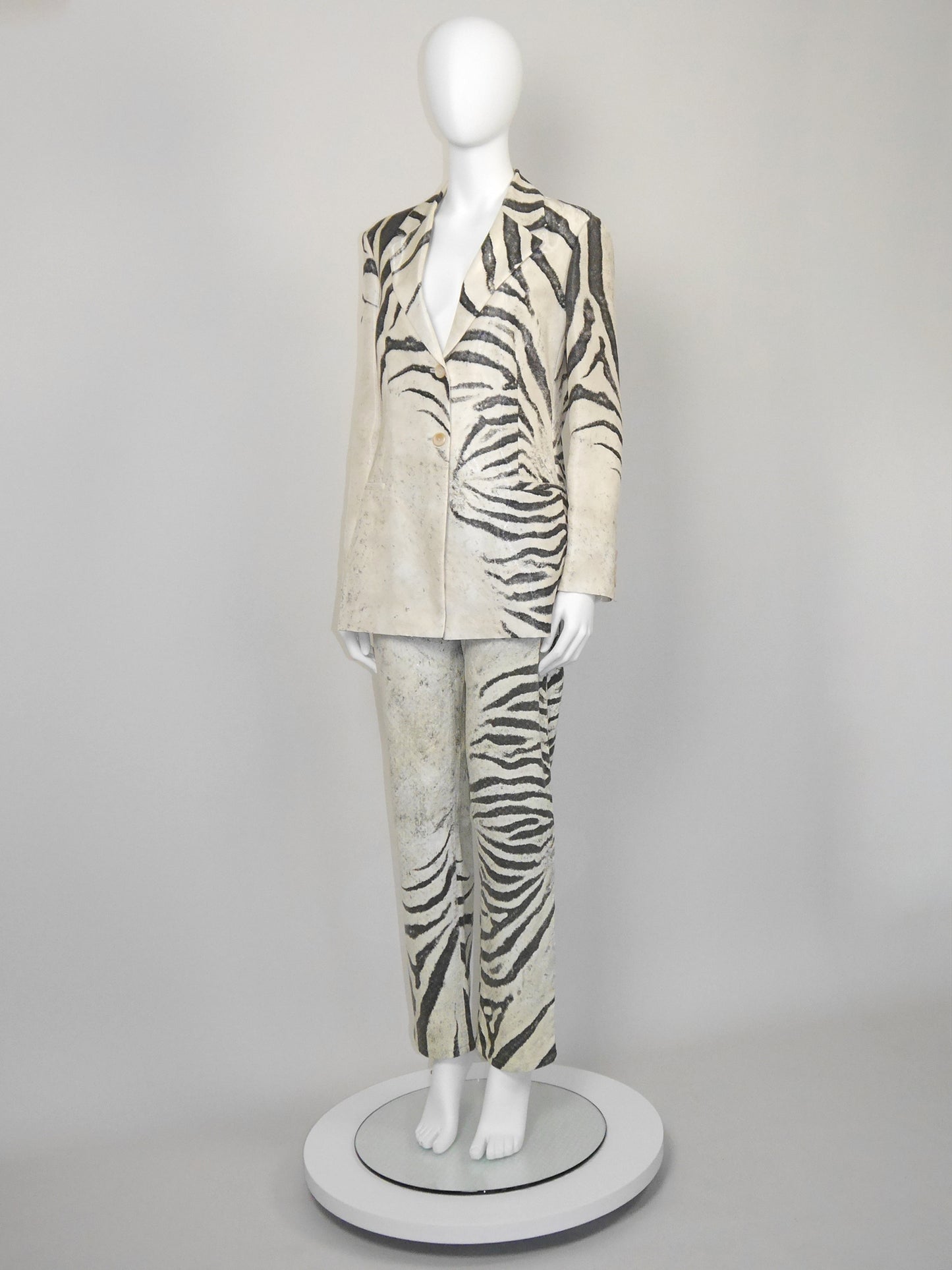 ROBERTO CAVALLI Spring 1999 Vintage Zebra Print Silk Jacket & Denim Pants Suit Size M