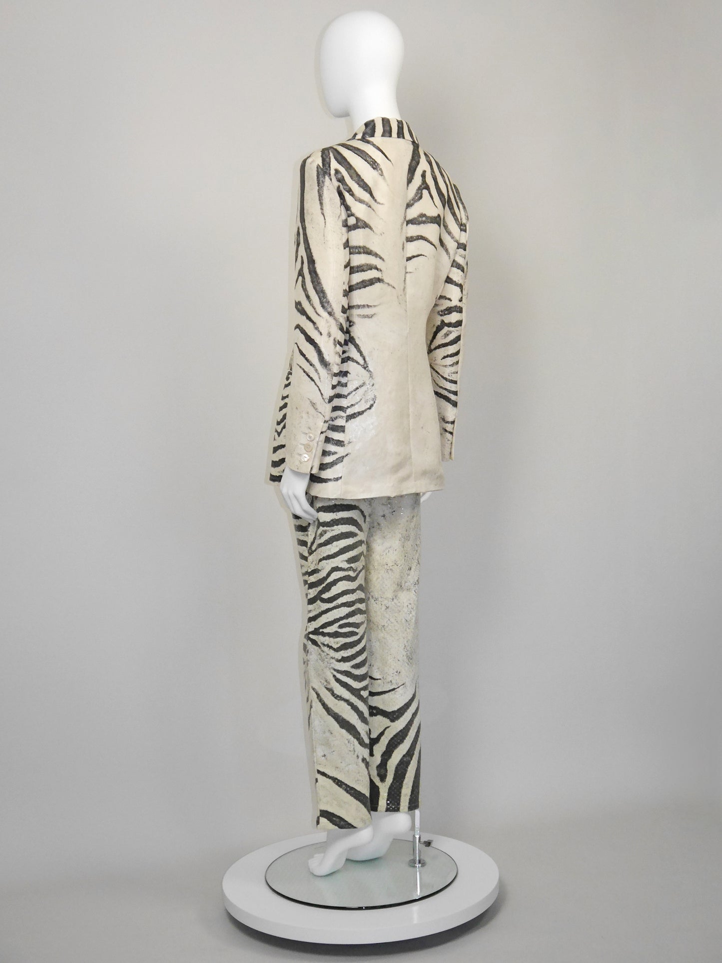 ROBERTO CAVALLI Spring 1999 Vintage Zebra Print Silk Jacket & Denim Pants Suit Size M