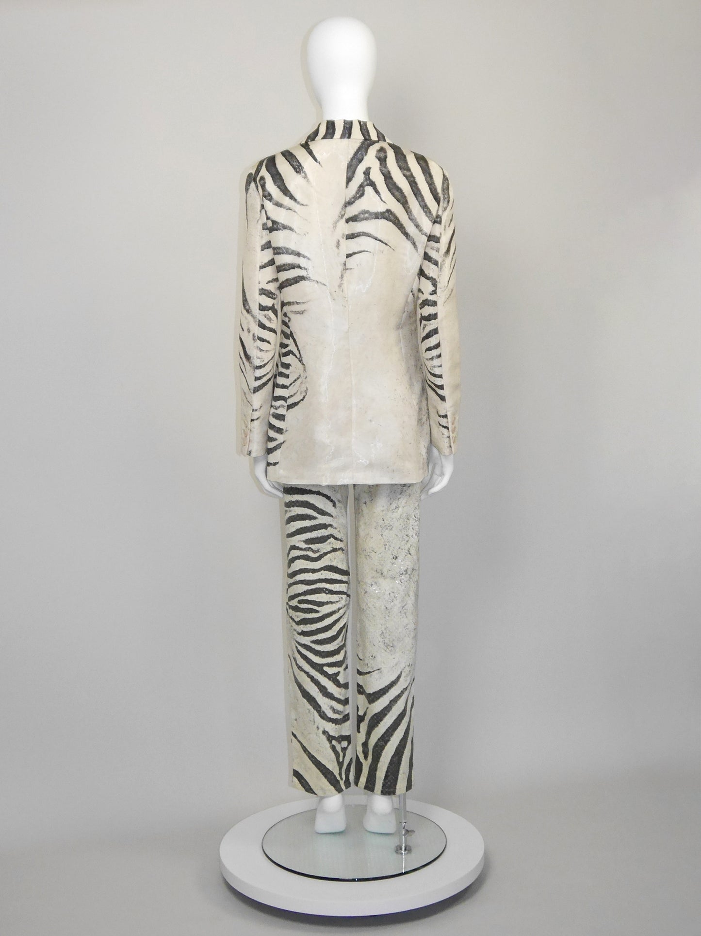 ROBERTO CAVALLI Spring 1999 Vintage Zebra Print Silk Jacket & Denim Pants Suit Size M