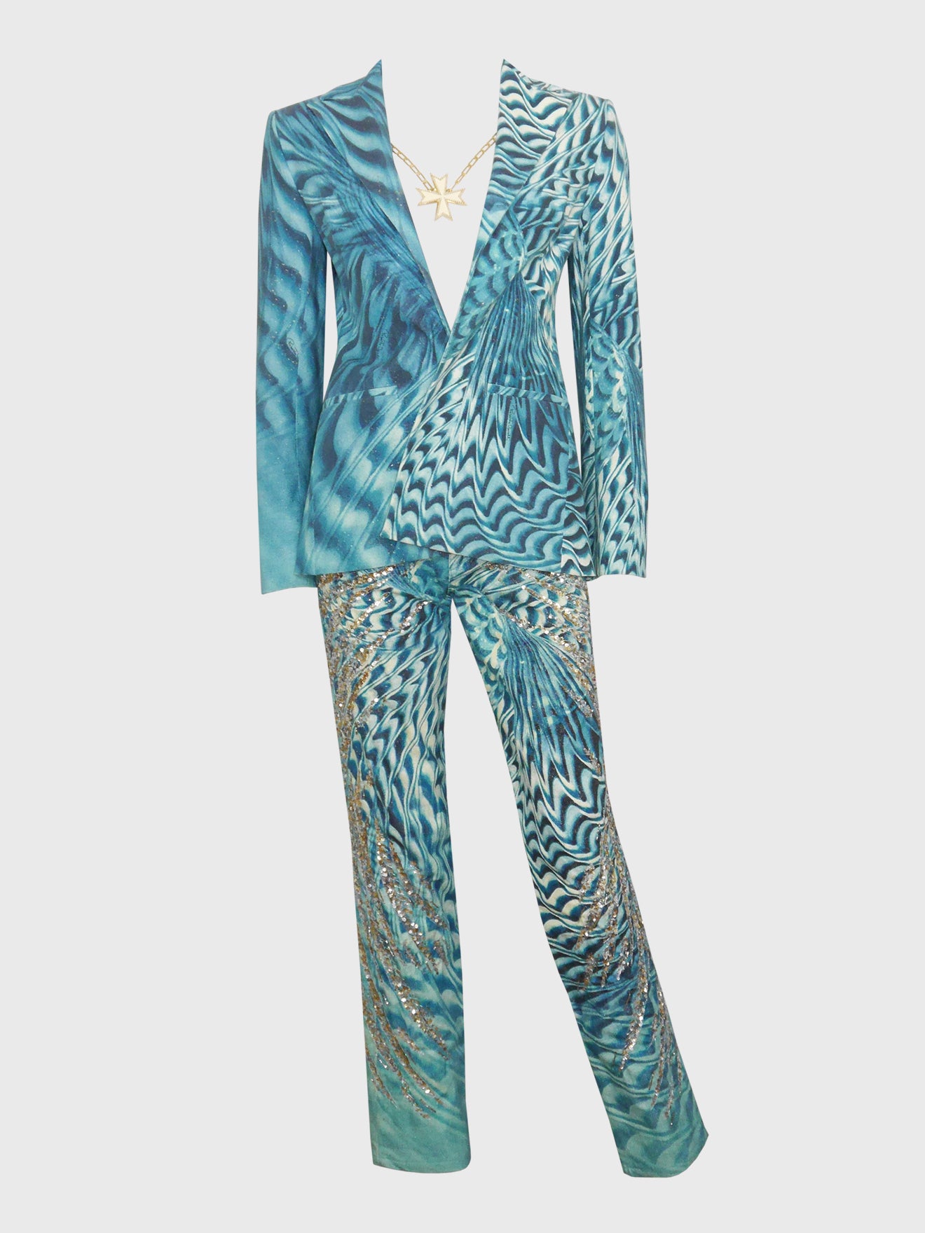 ROBERTO CAVALLI Spring 2001 Sequined Denim Pants & Jacket Suit w/ Necklace