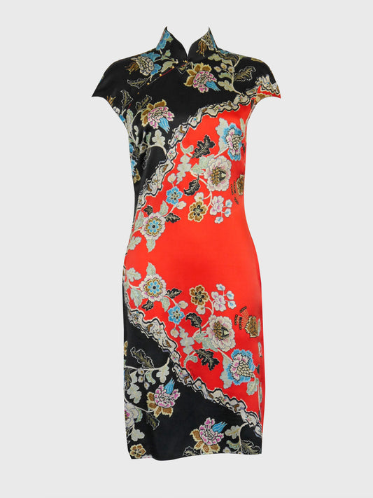 ROBERTO CAVALLI Spring 2003 Vintage Floral Asian Cheongsam Silk Dress Size M